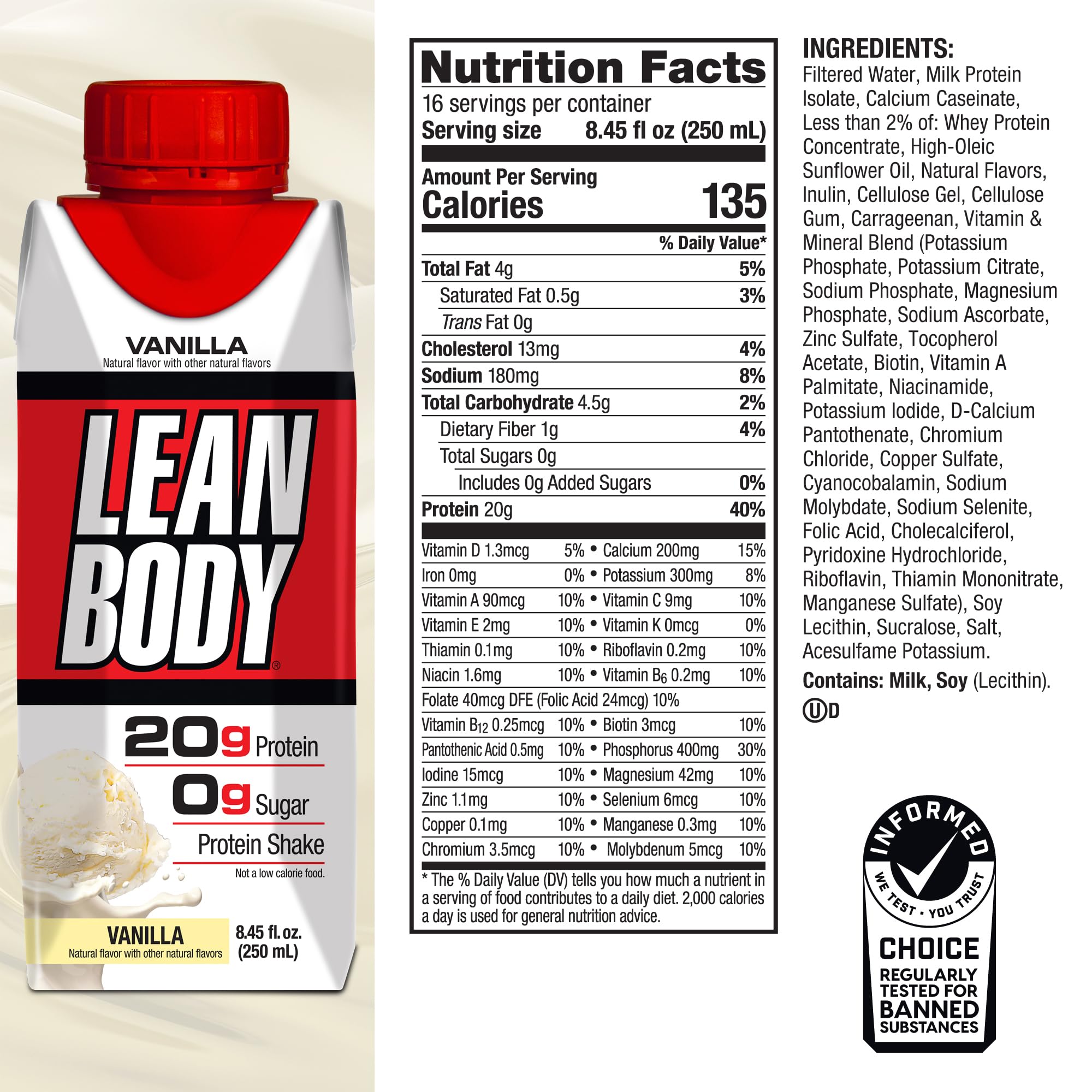 Labrada Lean Body Ready-to-Drink Chocolate Protein Shake, 40g Protein, Whey Blend, 0 Sugar, Gluten Free, 22 Vitamins & Minerals, LABRADA, 17 Fl Oz (Pack of 12)