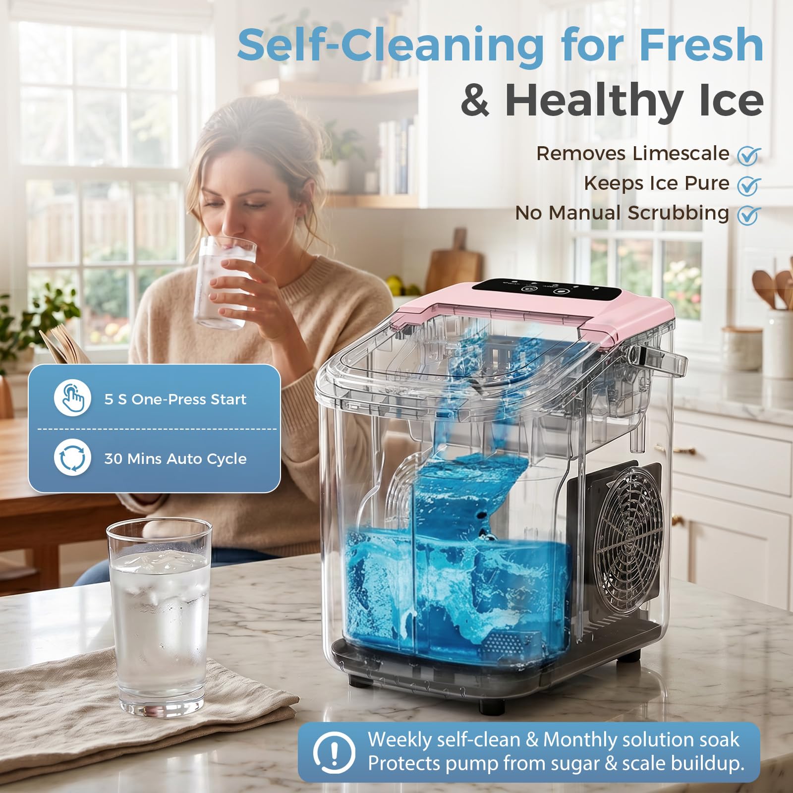 Countertop Ice Maker, Portable Ice Machine with Carry Handle Basket and Scoop, 9 Bullet Cubes Ready in 6 Mins, 26lbs Daily, Self-Cleaning for Home, Kitchen, Camping, RV