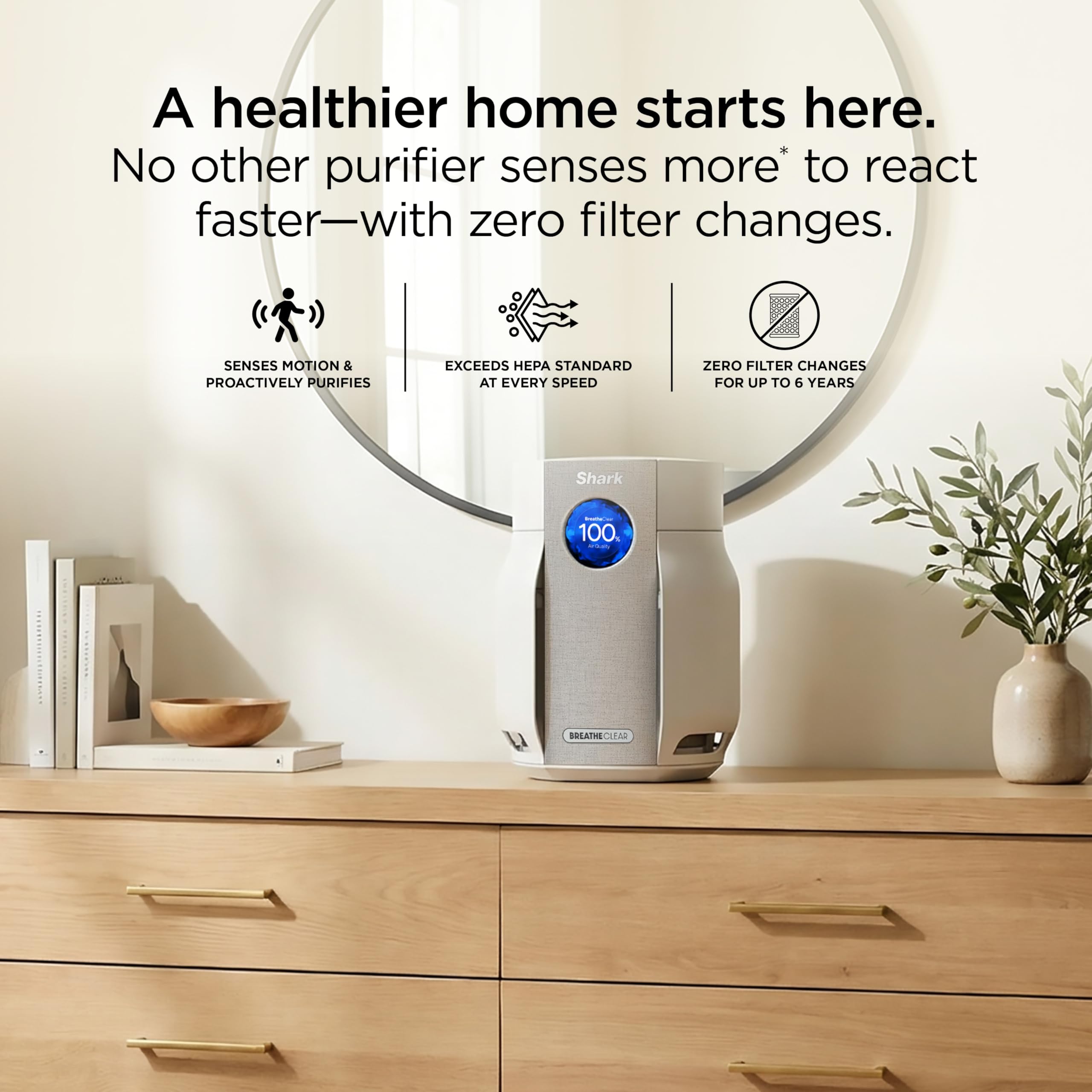 Shark BreatheClear, Smart Air Purifier, Living Room, Bedroom, Kitchen, Motion Sensing, HEPA-Exceeding In All Modes, No Filter Changes up to 6 Years, Dove, HP162 (2026)