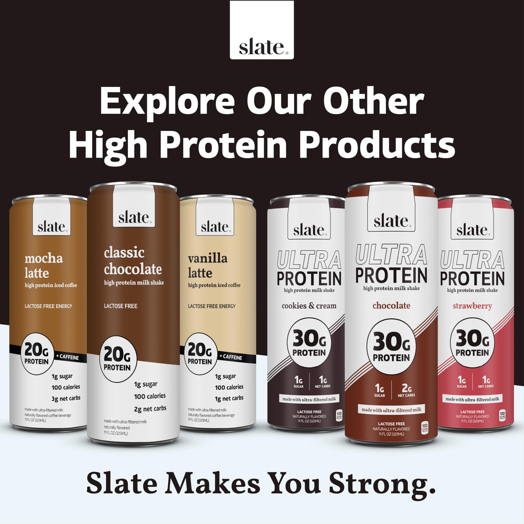 Slate Milk - Ultra Protein Shake - Vanilla - 42g Protein, 1g Sugar, 180 Calories, 1g Net Carbs - Lactose Free, No Added Sugar - Made with Ultra Filtered Milk - Breakfast Boost, Post Workout - 15 fl oz, 12 Cans