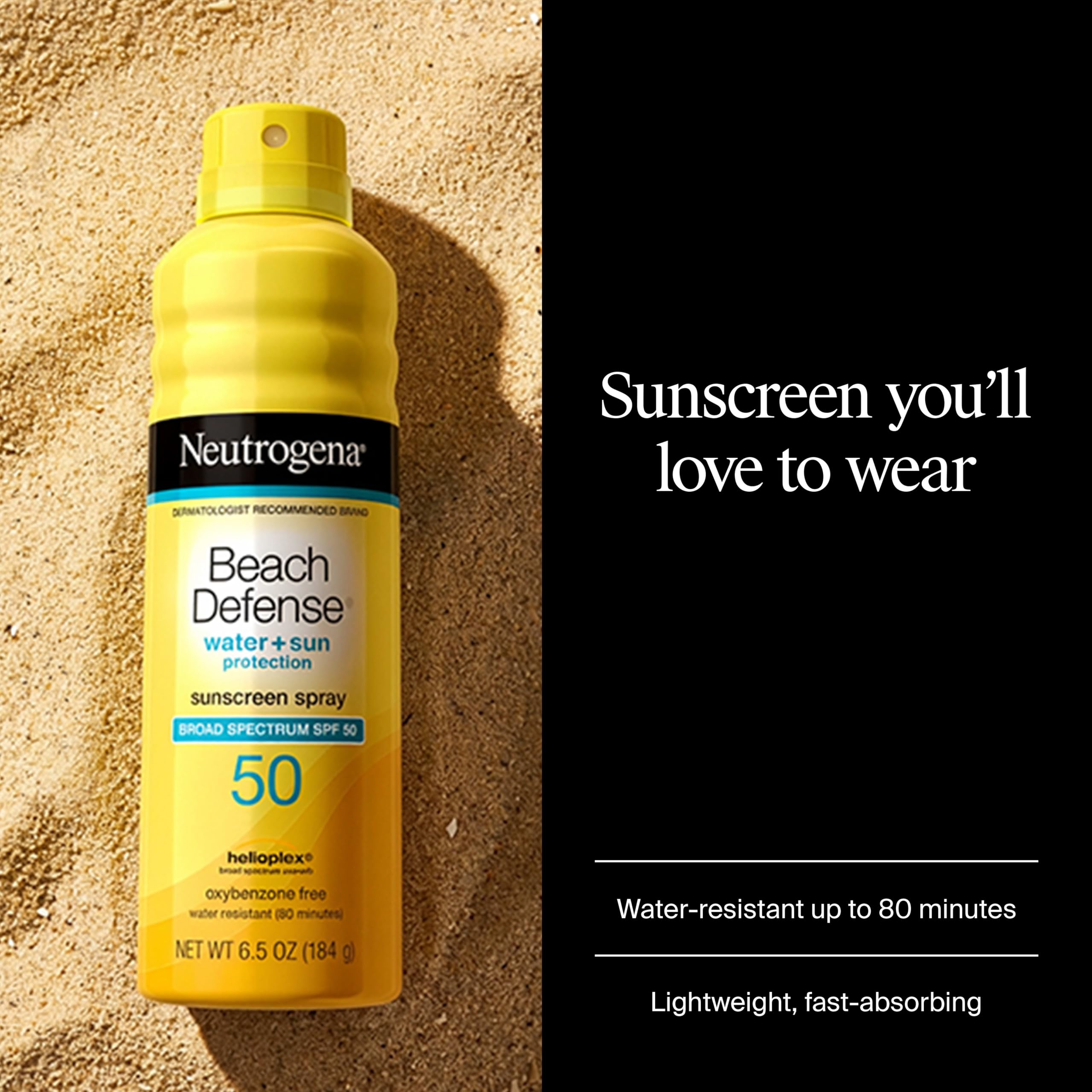 Neutrogena Beach Defense Sunscreen Spray SPF 50 Broad Spectrum UVA UVB Protection Lightweight Water Resistant up to 80 Minutes Oil-Free Beach-Strength Sun Protection for Whole Family, 6.5 oz