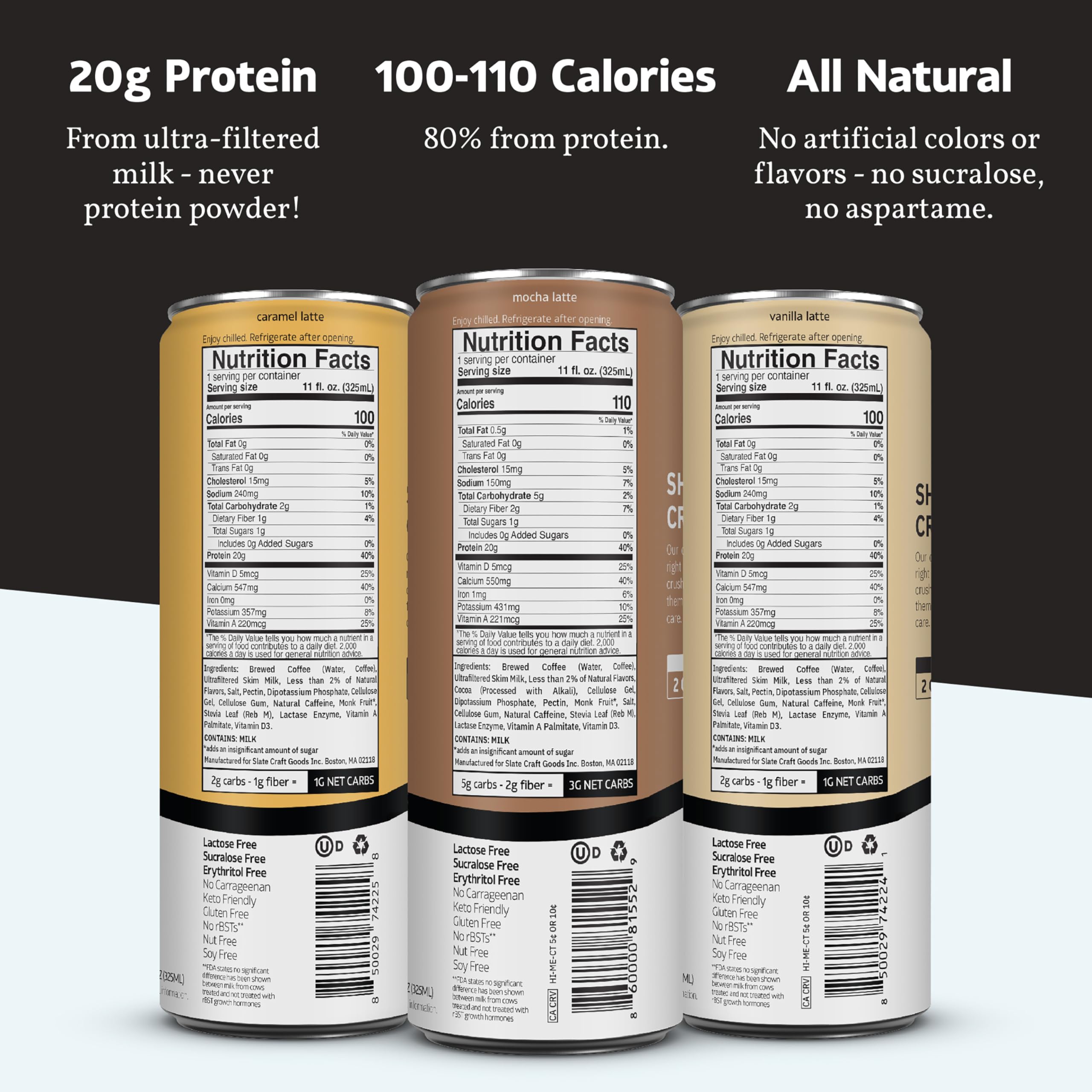 Slate Milk High Protein Milk Shake (Classic Chocolate) 12 Cans, 11 fl oz | Lactose Free - 20g Protein - 1g Sugar - 100 Calories - 2g Net Carbs - No Added Sugar - Natural, Breakfast Boost, Post Workout
