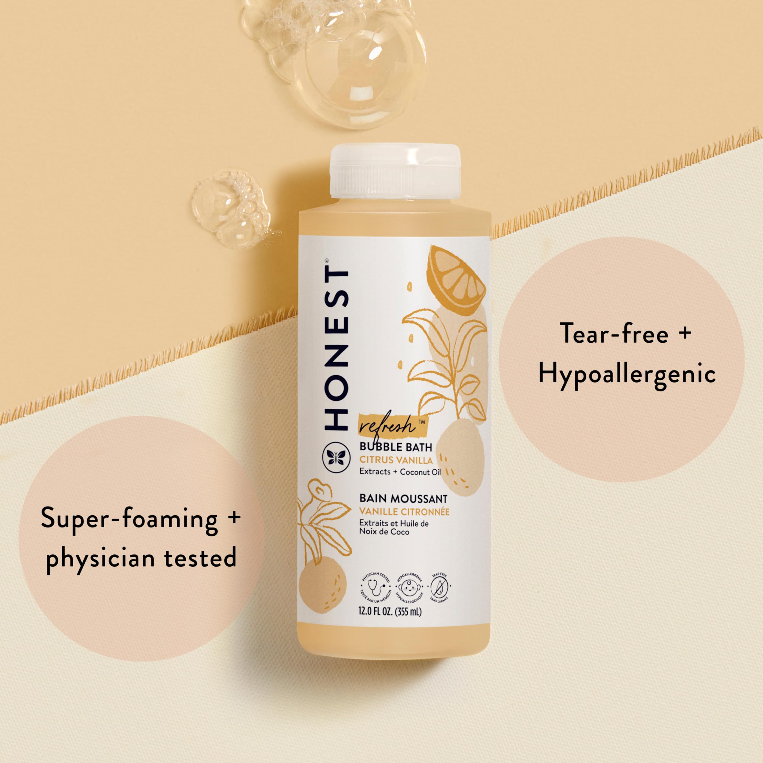 The Honest Company Foaming Bubble Bath & Baby Wash, Tear-Free, Hypoallergenic, Natural Formula, Lavender Calm Scent, 12 fl oz