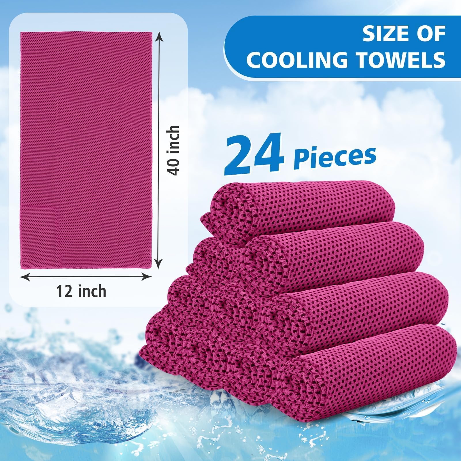 24 Pack Cooling Towels Bulk for Neck and Face 40"x12" Ice Cooling Sweat Rags Microfiber Soft Breathable Soft Chilly Towel for Yoga Golf Sport Running