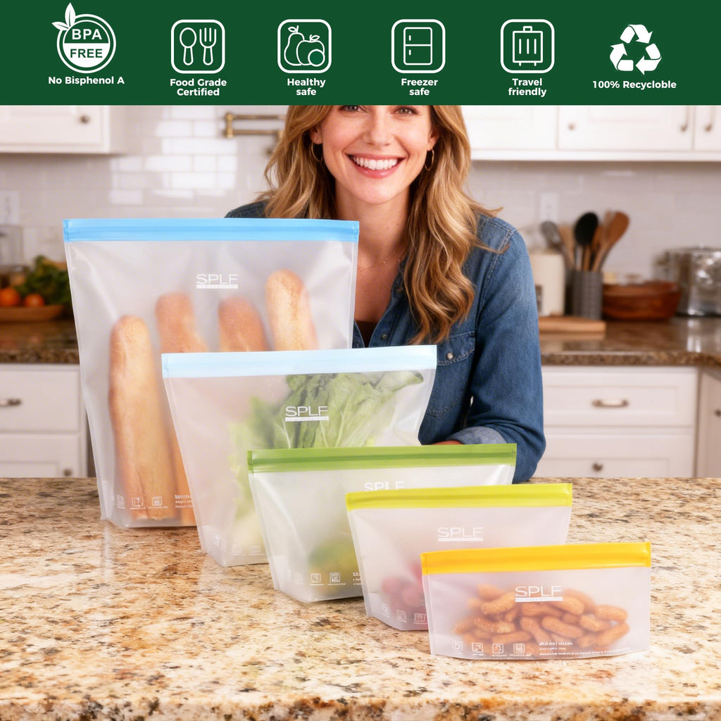 SPLF 10 Pack Stand-Up Reusable Quart Freezer Bags Dishwasher Safe, Extra Thick Leakproof 1 Quart Food Storage Bags, BPA Free Bags for Meal Prep, Sandwich, Snack, Fridge Organization