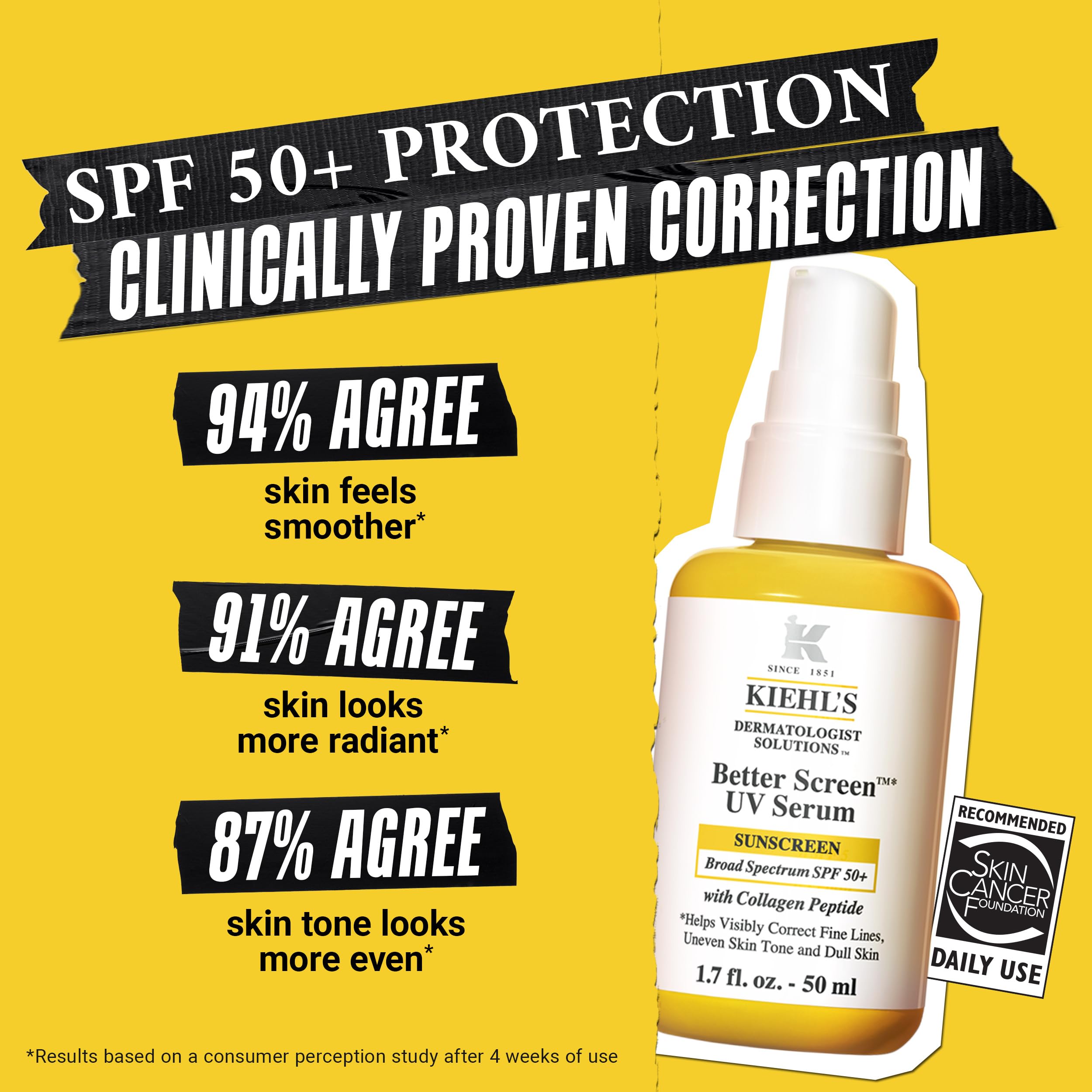 Kiehl's Better Screen UV Serum SPF 50+, Invisible Facial Sunscreen with Collagen Peptide, UV Filters to Shield UVA & UVB, Helps Correct Visible Signs of Aging, Boosts Skin Radiance