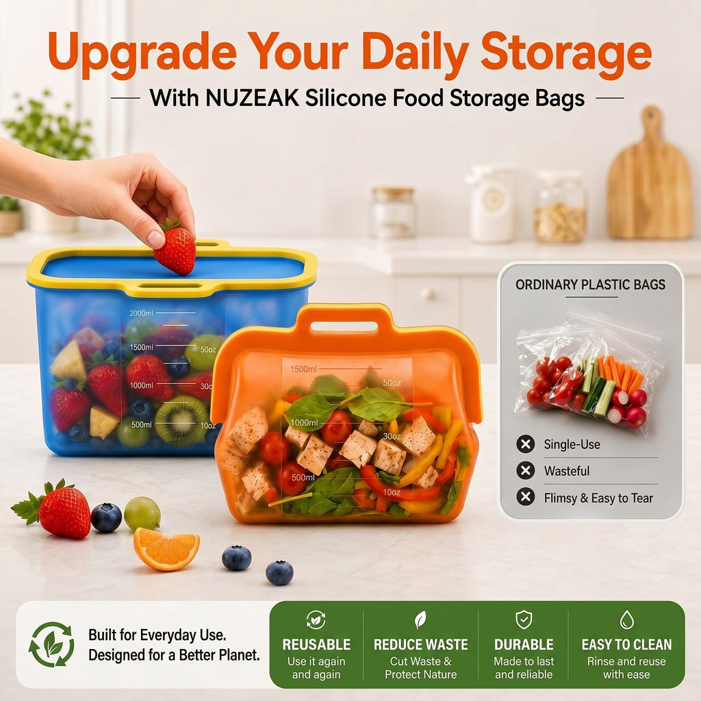 Reusable Silicone Food Storage Bags, NUZEAK Magnetic Seal Reusable Storage Bags, Stand Up Silicone Freezer Bags for Food, Fruit, Snack, Sandwich, Meal Prep, Dishwasher Safe, 50oz, 1 Pack