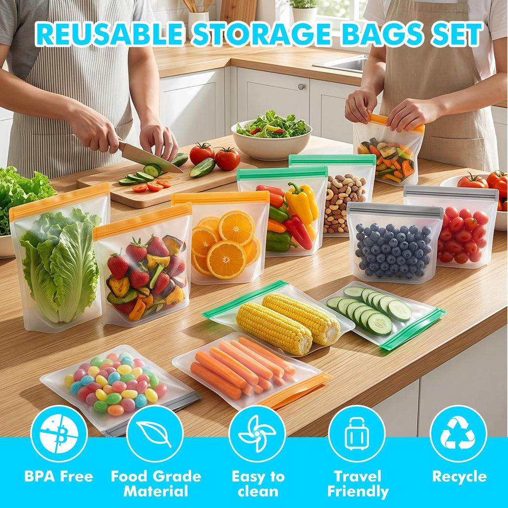 10 Pack Reusable Freezer Bags, Leakproof Reusable Silicone Food Storage Bags BPA Free Contaizers, Snack Sandwich Gallon Bags for Meal Prep, Marinate Meat, Salad Fruit, Veggies, Lunch, Travel, Kitchen