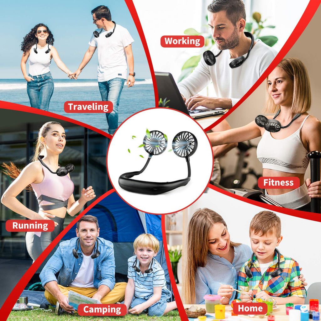 JUANANIUG Portable Neck Fan Rechargeable Personal HandFree Fan Mini USB Wearable Neckband Sport Fan 3 Speed Adjustable 360 Degrees Rotation Perfect for Working Traveling Office Reading (Red Black)