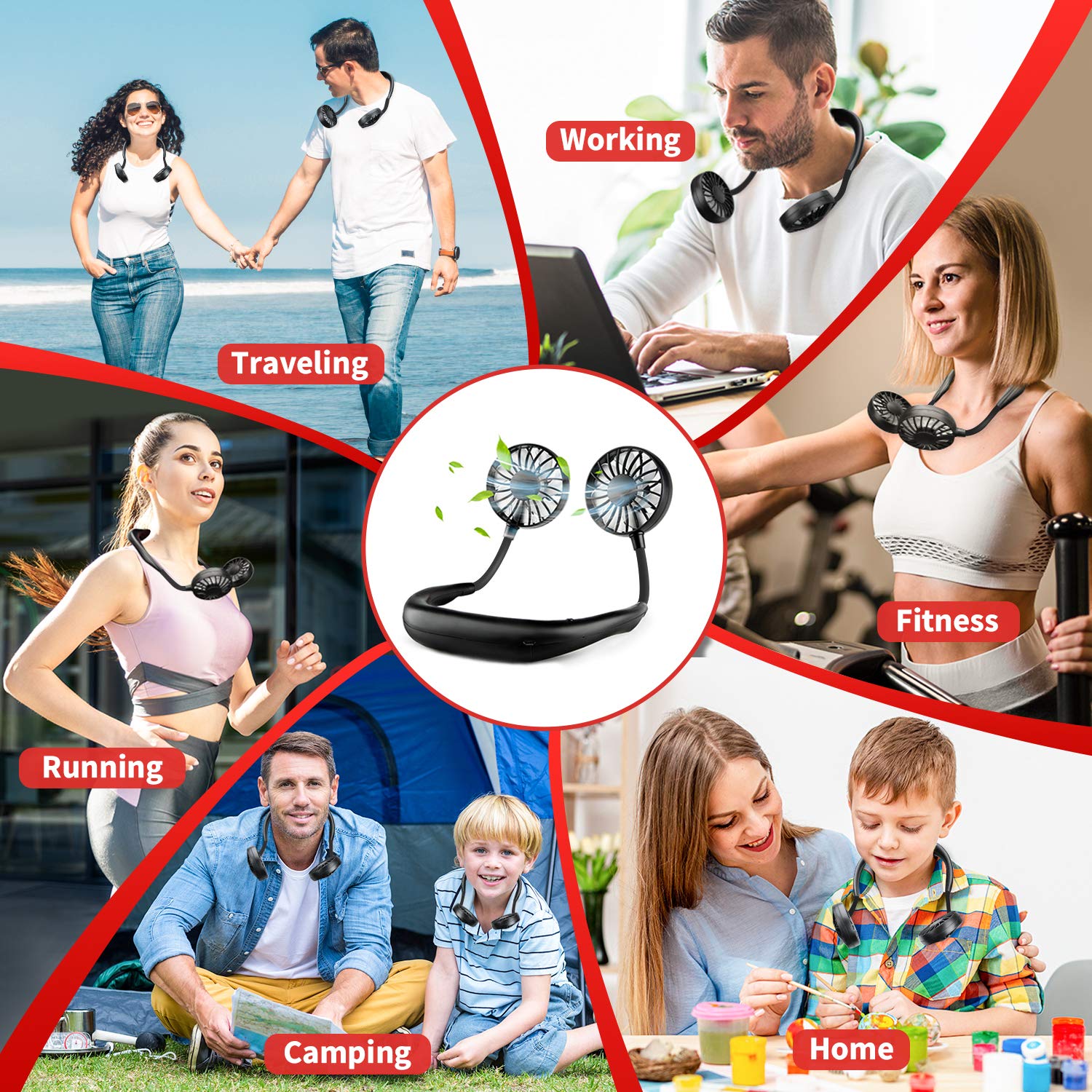 JUANANIUG Portable Neck Fan Rechargeable Personal HandFree Fan Mini USB Wearable Neckband Sport Fan 3 Speed Adjustable 360 Degrees Rotation Perfect for Working Traveling Office Reading (Red Black)