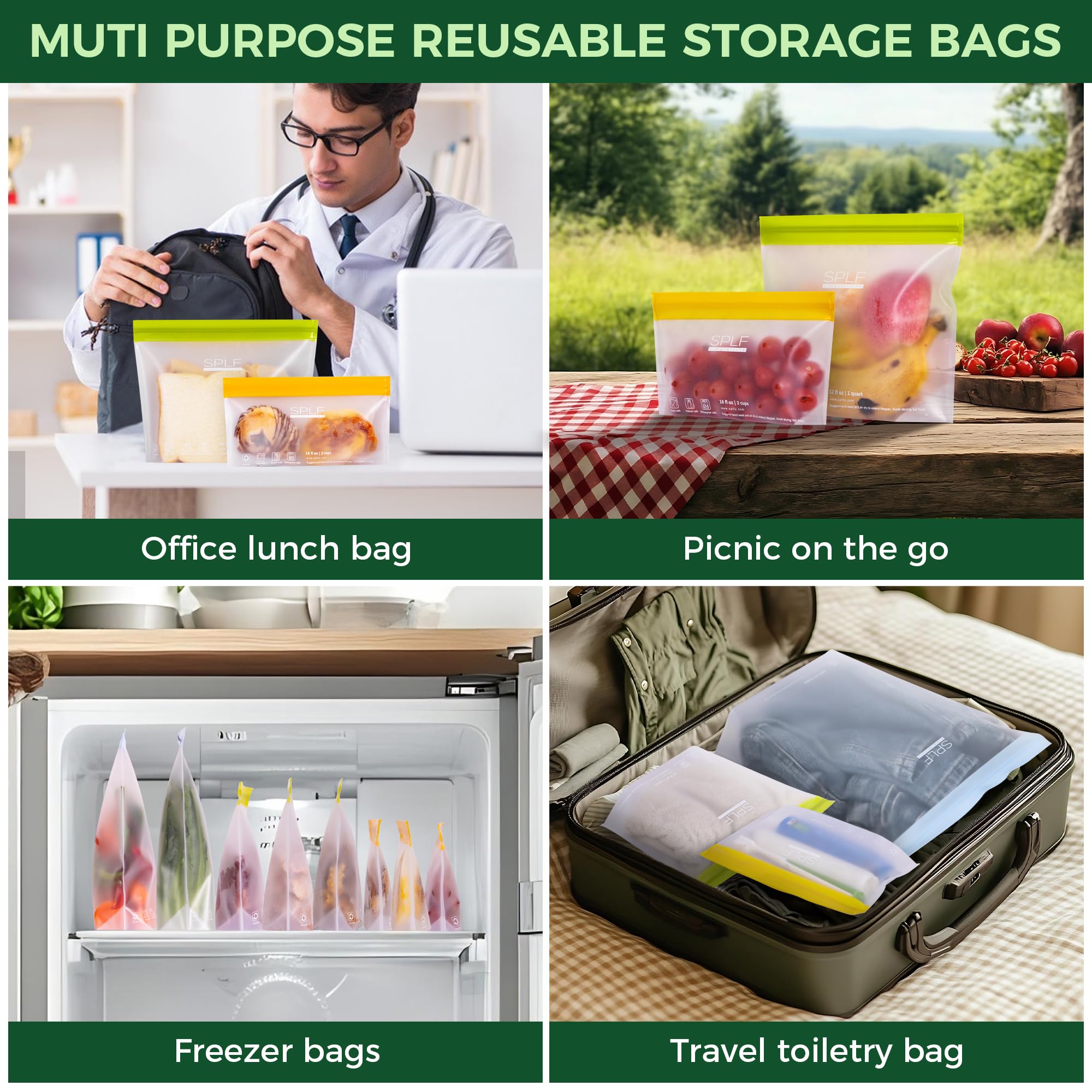 SPLF 10 Pack Stand-Up Reusable Quart Freezer Bags Dishwasher Safe, Extra Thick Leakproof 1 Quart Food Storage Bags, BPA Free Bags for Meal Prep, Sandwich, Snack, Fridge Organization