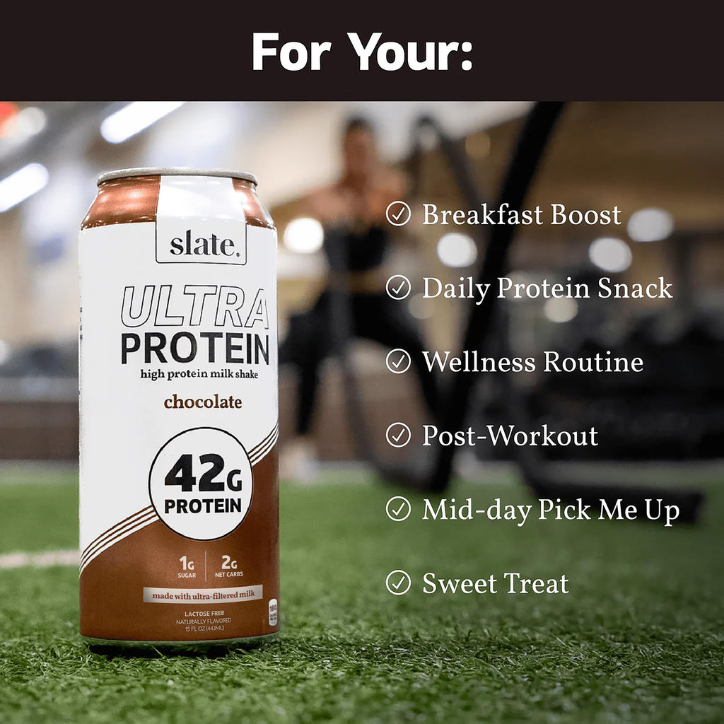 Slate Milk - Ultra Protein Shake - Vanilla - 42g Protein, 1g Sugar, 180 Calories, 1g Net Carbs - Lactose Free, No Added Sugar - Made with Ultra Filtered Milk - Breakfast Boost, Post Workout - 15 fl oz, 12 Cans
