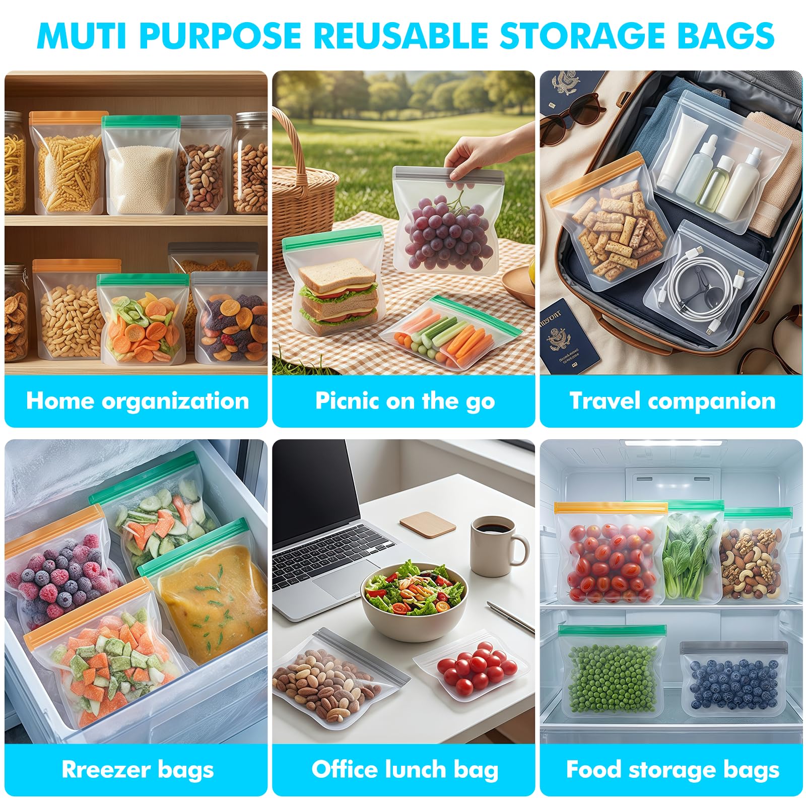 10 Pack Reusable Freezer Bags, Leakproof Reusable Silicone Food Storage Bags BPA Free Contaizers, Snack Sandwich Gallon Bags for Meal Prep, Marinate Meat, Salad Fruit, Veggies, Lunch, Travel, Kitchen