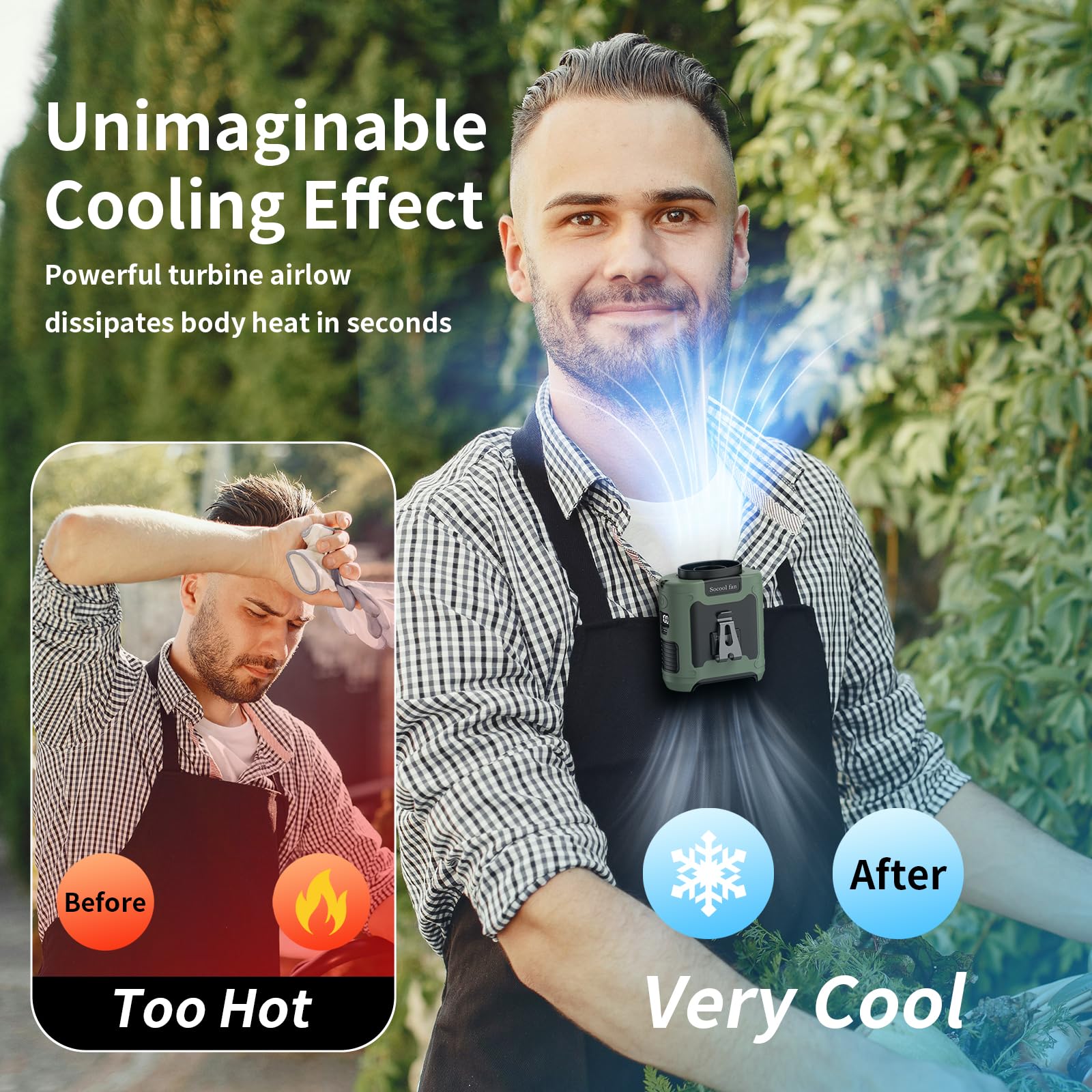 Socool 10000mAh Portable Waist Fan Clip on Wearable Belt Personal Fan Rechargeable Battery operated With 5 Speeds & Flashlight Neck Hands-Free 40H Cooling For Outdoor Camping Travel (Black)