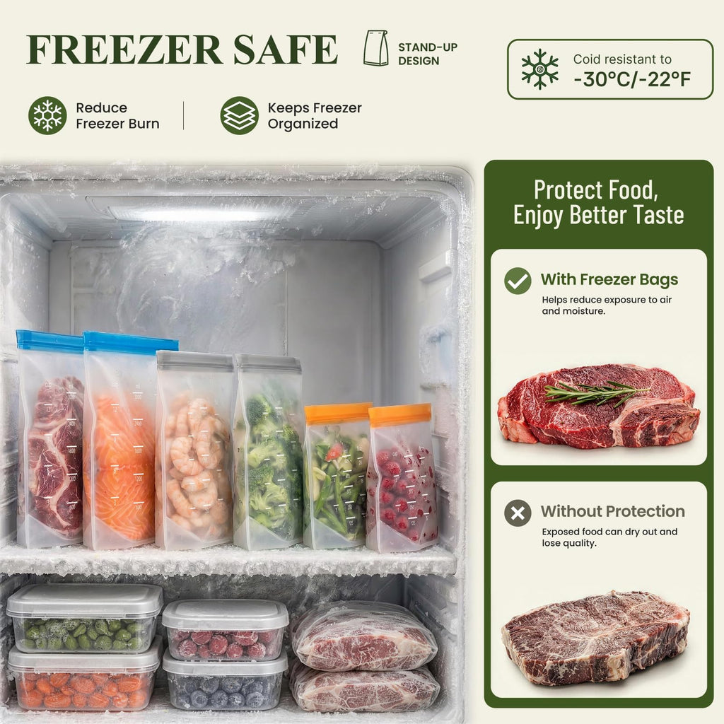 IDEATECH Reusable Bags Dishwasher Safe, BPA Free Reusable Gallon Freezer Bags, Stand Up Leakproof Food Storage Bags for Marinate Meats, Salad Fruit, Vegetables, Home Organization -Gray 6 Large Bags