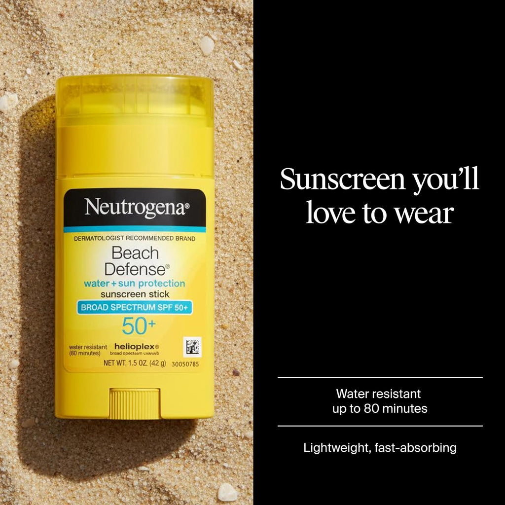 Neutrogena Beach Defense Sunscreen Stick SPF 50 Broad Spectrum UVA UVB Protection Lightweight Water Resistant up to 80 Minutes No-Mess Beach-Strength Sun Protection for Whole Family, 1.5 oz