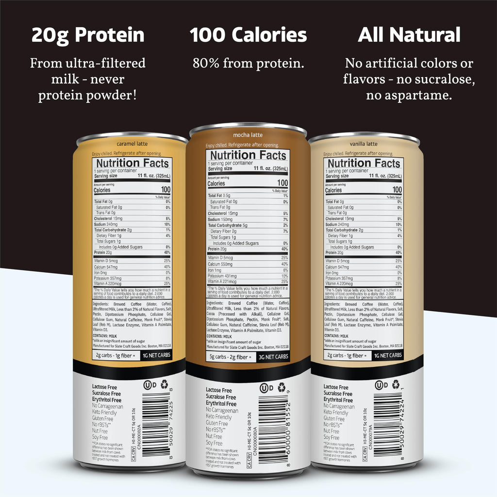 Slate Milk High Protein Milk Shake (Classic Chocolate) 12 Cans, 11 fl oz | Lactose Free - 20g Protein - 1g Sugar - 100 Calories - 2g Net Carbs - No Added Sugar - Natural, Breakfast Boost, Post Workout