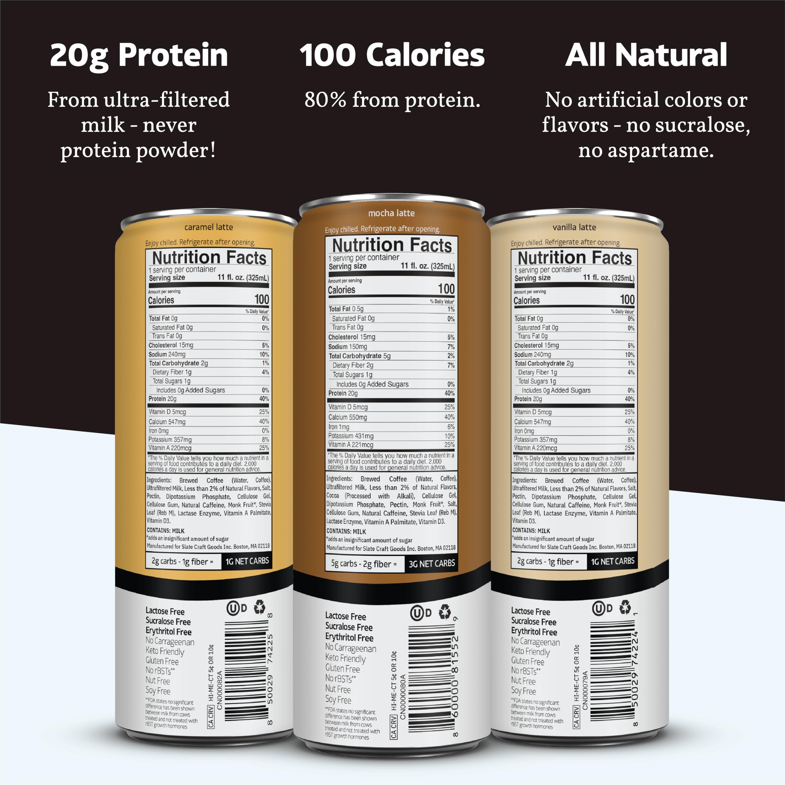 Slate Milk High Protein Milk Shake (Classic Chocolate) 12 Cans, 11 fl oz | Lactose Free - 20g Protein - 1g Sugar - 100 Calories - 2g Net Carbs - No Added Sugar - Natural, Breakfast Boost, Post Workout