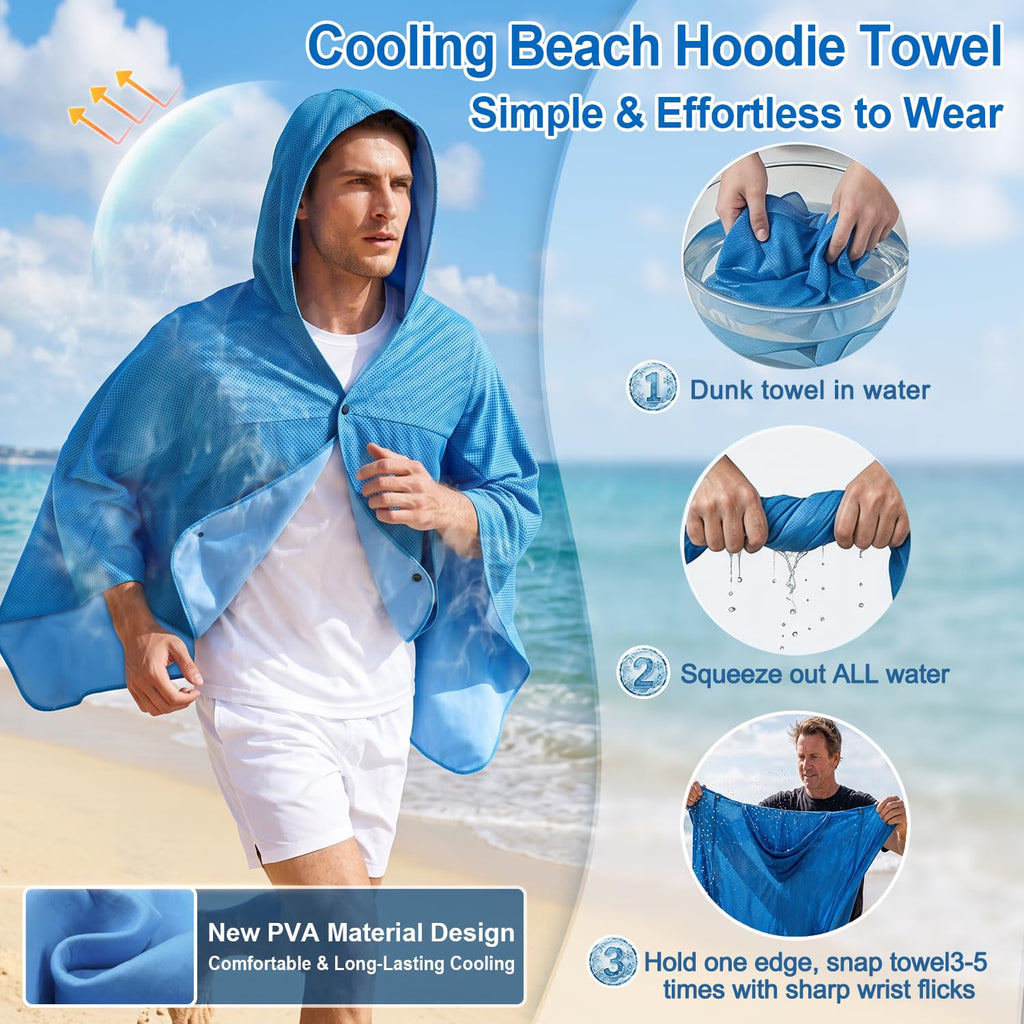 Cooling Hooded Beach Towel Cloak for Men Women -UPF 50+ Sun Proteciton Double Layer PVA Fabric Sweat-Absorbent Cool Towel Cape, Instant Cooling Soft Ice Towelfor Beach Yoga Camping (Blue)