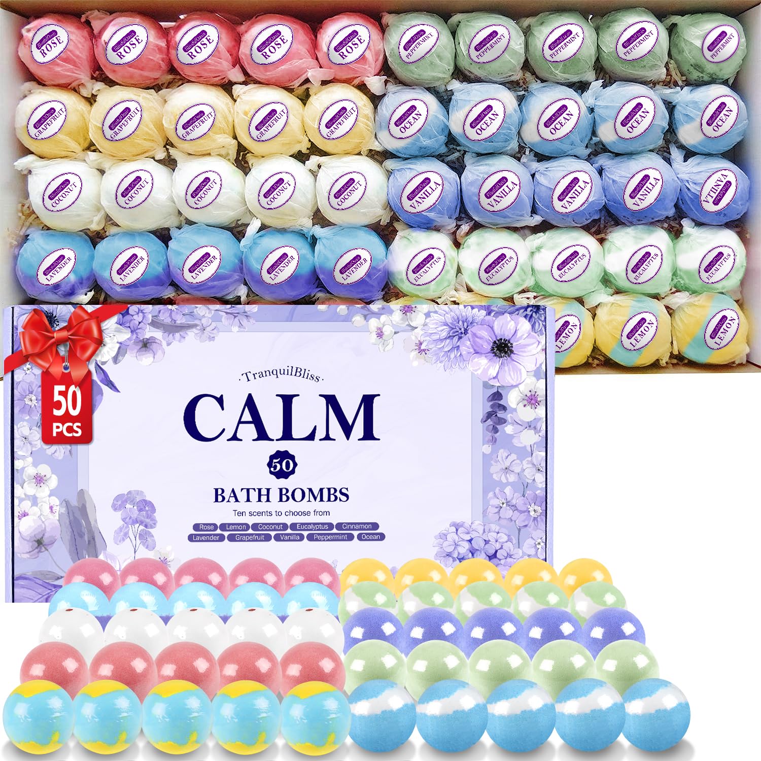 TranquilBliss Bath Bombs Set 50 PCS with 10 Rich Scents, Bath Bombs for Women, Natural Bubble Bombs with Shea Butter & Safe Oil, Ideal for Mother's Day, Valentine's Day, Christmas, Birthday Present