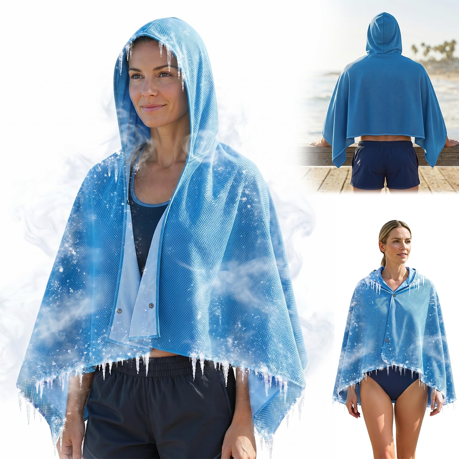 Upgrade Large Hoodie Cooling Towels - Double Layer Ice Beach Towel Wearable Shawl, Sun Proection Long-Lasting Heat Relief Cool for Yoga,Yard work Camping Beach & Summer Activities (Blue, 55*25inch)