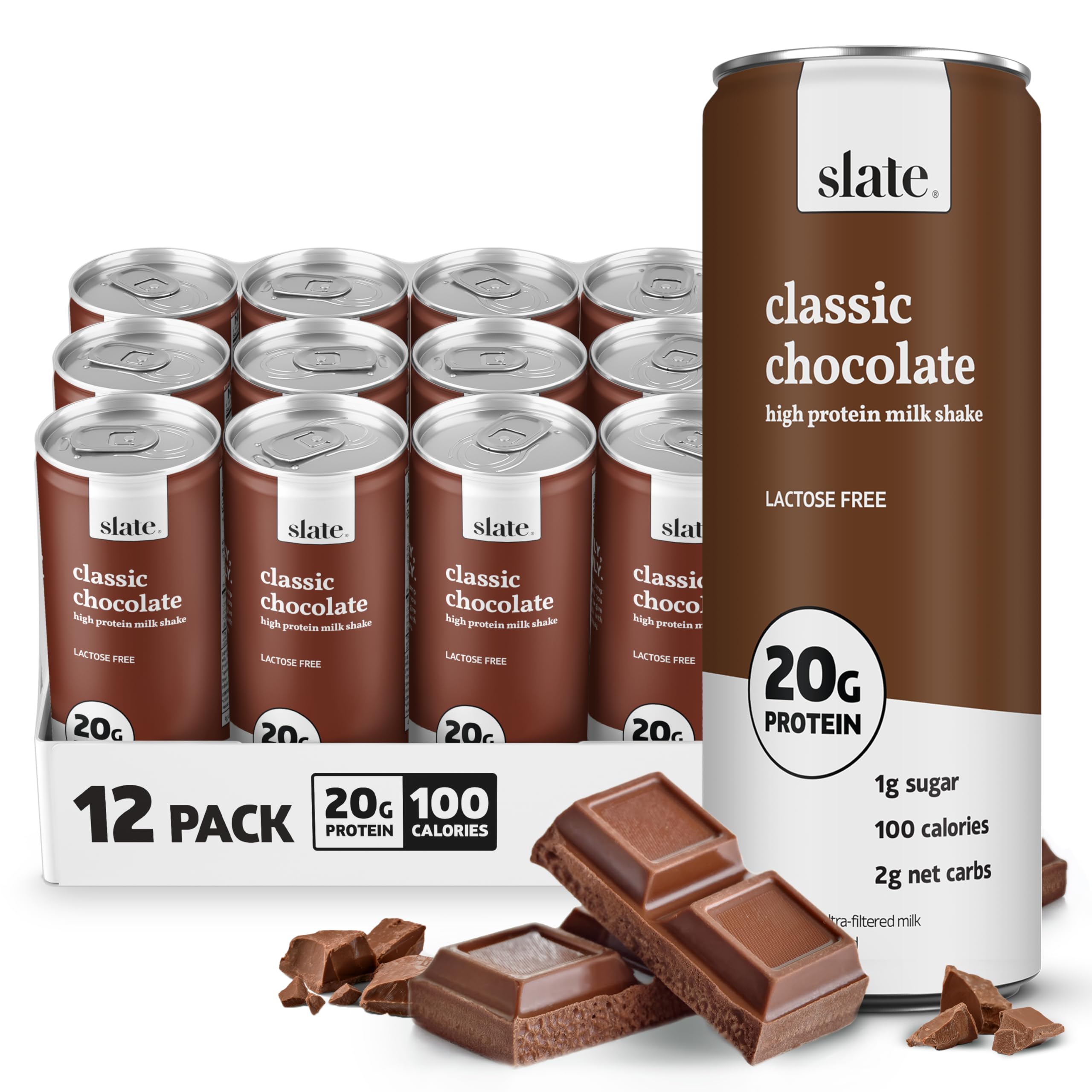 Slate Milk High Protein Milk Shake (Classic Chocolate) 12 Cans, 11 fl oz | Lactose Free - 20g Protein - 1g Sugar - 100 Calories - 2g Net Carbs - No Added Sugar - Natural, Breakfast Boost, Post Workout