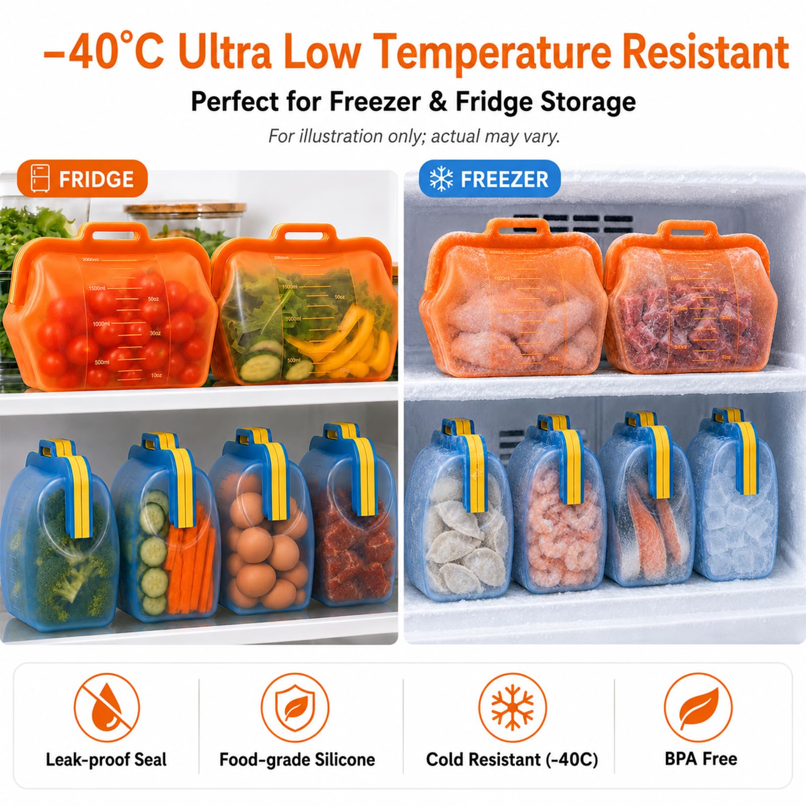 Reusable Silicone Food Storage Bags, NUZEAK Magnetic Seal Reusable Storage Bags, Stand Up Silicone Freezer Bags for Food, Fruit, Snack, Sandwich, Meal Prep, Dishwasher Safe, 50oz, 1 Pack