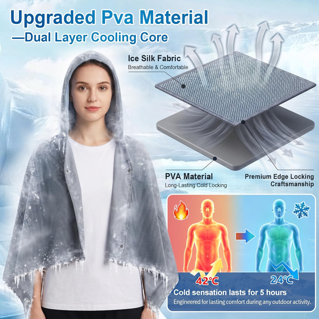 Cooling Hooded Beach Towel Cloak for Men Women -UPF 50+ Sun Proteciton Double Layer PVA Fabric Sweat-Absorbent Cool Towel Cape, Instant Cooling Soft Ice Towelfor Beach Yoga Camping (Blue)