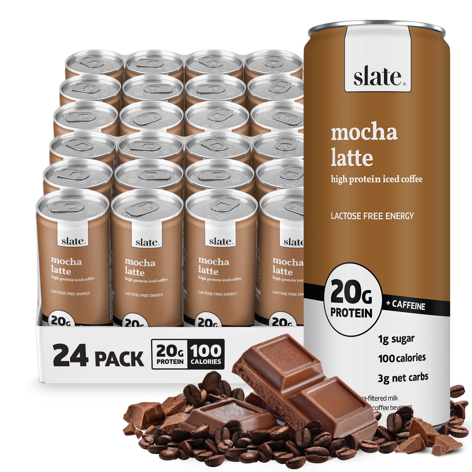 Slate Milk High Protein Milk Shake (Classic Chocolate) 12 Cans, 11 fl oz | Lactose Free - 20g Protein - 1g Sugar - 100 Calories - 2g Net Carbs - No Added Sugar - Natural, Breakfast Boost, Post Workout