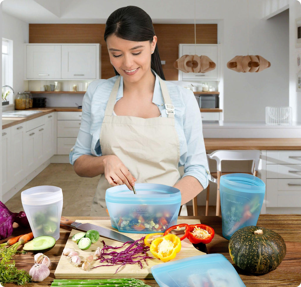 Zip Standing Reusable Silicone Food Storage Bag, Stand Up Food Storage Container, Reusable Zipper seal bag, no lid required, for Food Storage& Meal Prep, Freezer Oven Dishwasher - Safe, Set of 6 Bowls