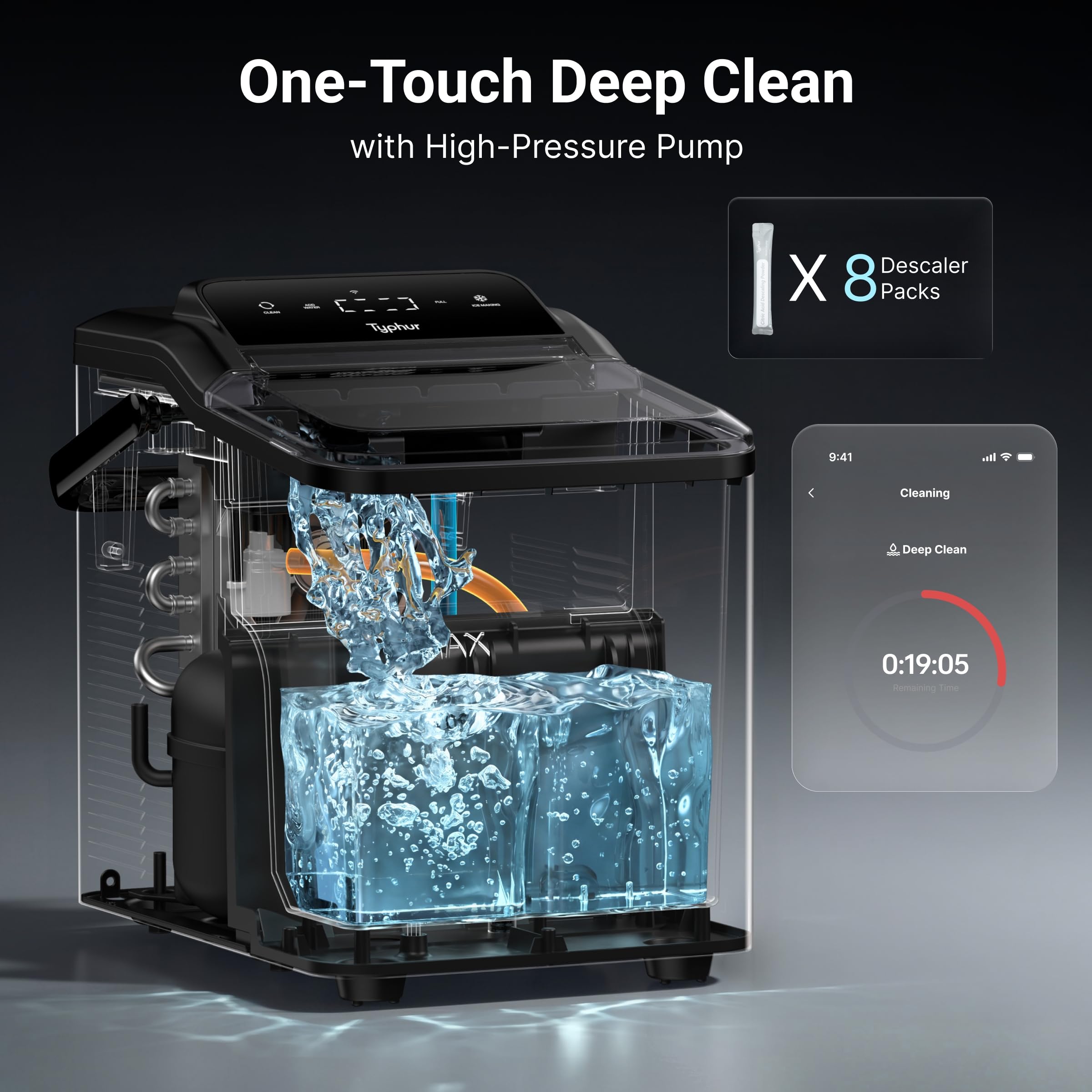 Typhur Smart Nugget Ice Maker Countertop with App Control, Pebble Ice Machine, Portable Pellet Ice Maker with Handle, Self-Cleaning Pump, 8 Cleaners, 35lbs/24H for Home, Kitchen, Office, RV, Silver