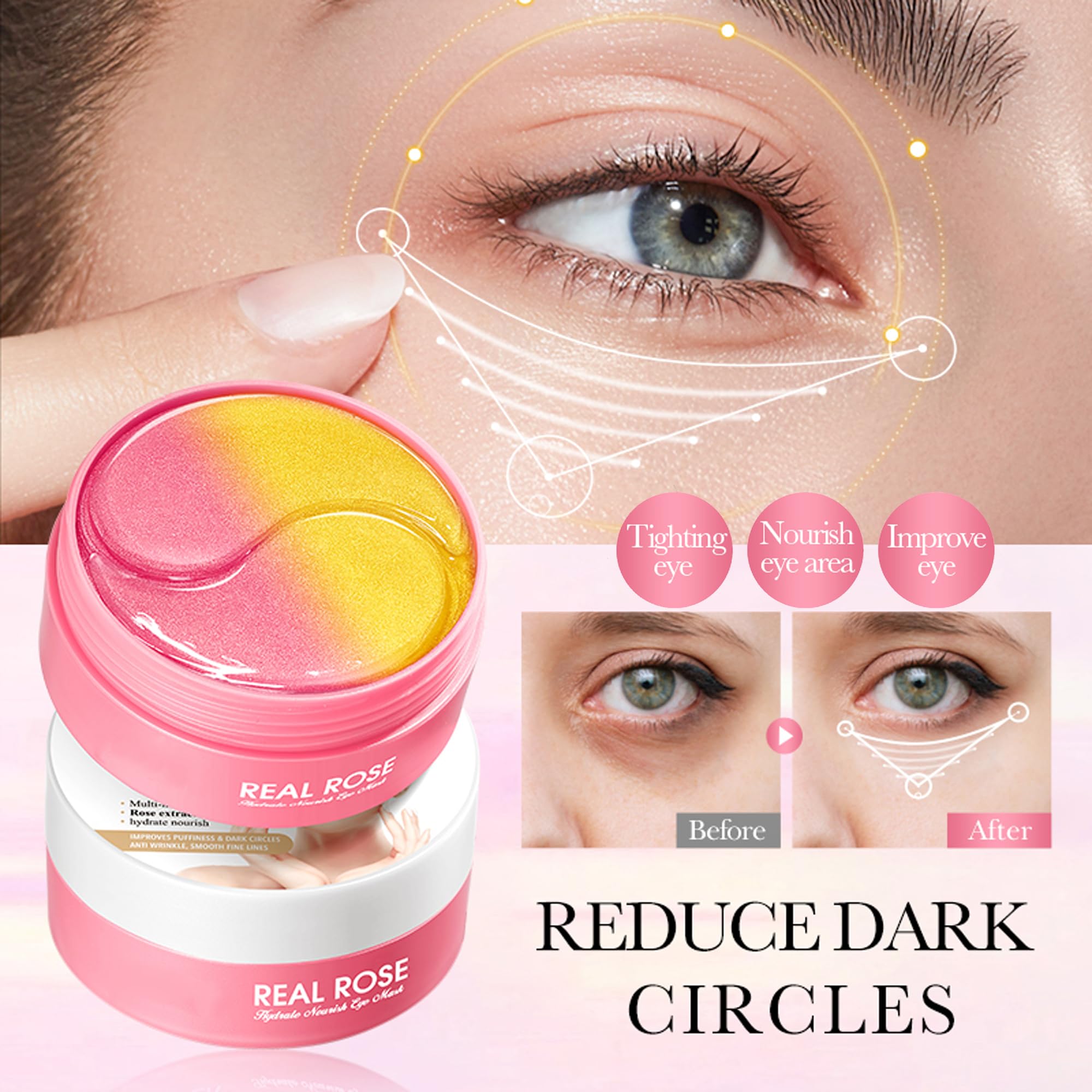 AKARY Eye Patches Rose Hydra-Gel Eye Mask Sheet Lady Skin Care Pad Remove Fine Lines Smooth Repair the Eyes Skin, Under Eye Gel for Moisturizing and Relieving, Firm the Look of the Eye Area
