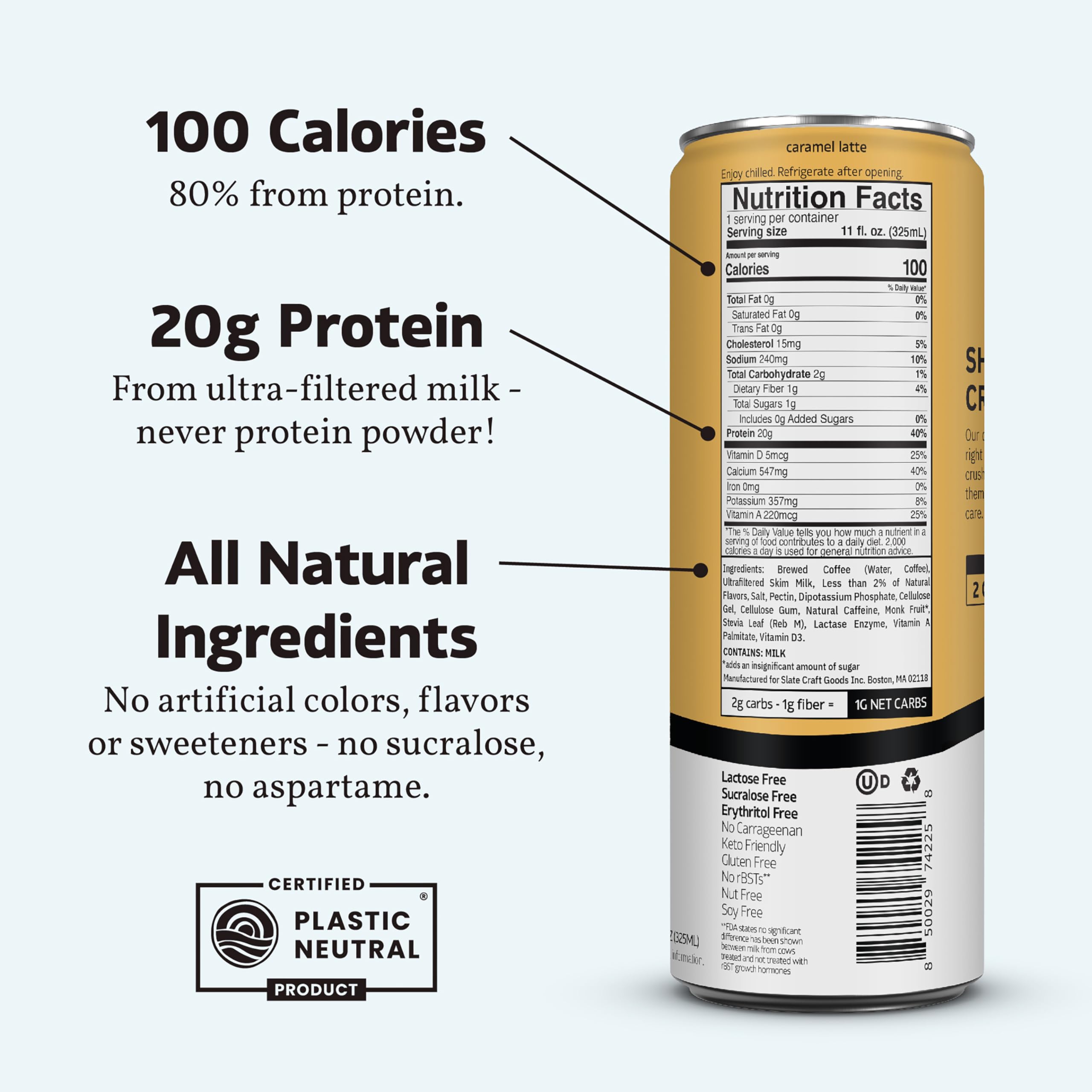 Slate Milk High Protein Milk Shake (Classic Chocolate) 12 Cans, 11 fl oz | Lactose Free - 20g Protein - 1g Sugar - 100 Calories - 2g Net Carbs - No Added Sugar - Natural, Breakfast Boost, Post Workout