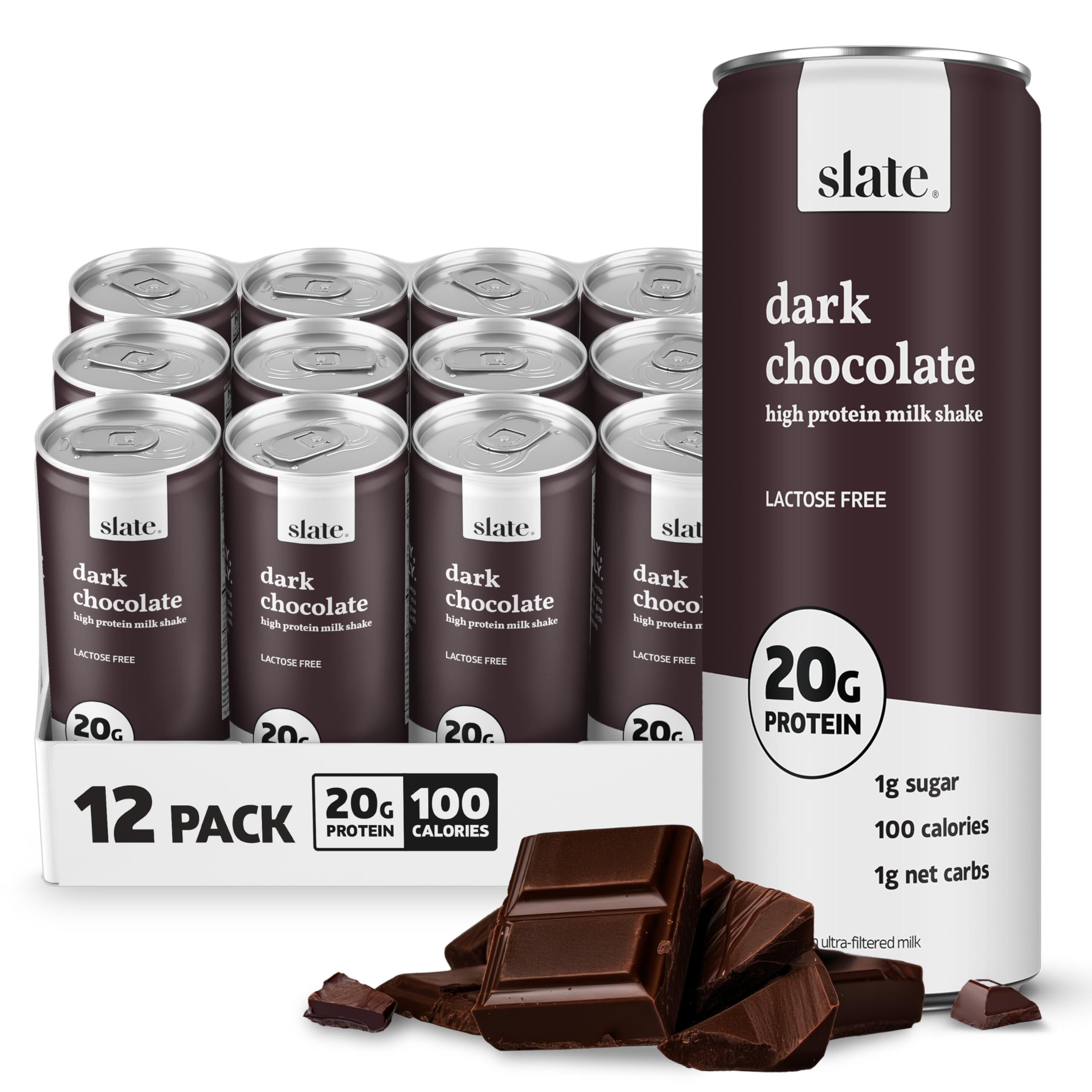 Slate Milk High Protein Milk Shake (Classic Chocolate) 12 Cans, 11 fl oz | Lactose Free - 20g Protein - 1g Sugar - 100 Calories - 2g Net Carbs - No Added Sugar - Natural, Breakfast Boost, Post Workout