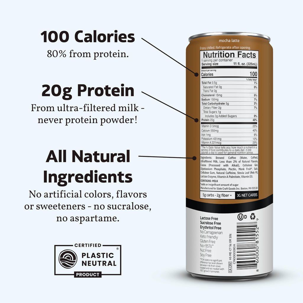 Slate Milk High Protein Milk Shake (Classic Chocolate) 12 Cans, 11 fl oz | Lactose Free - 20g Protein - 1g Sugar - 100 Calories - 2g Net Carbs - No Added Sugar - Natural, Breakfast Boost, Post Workout