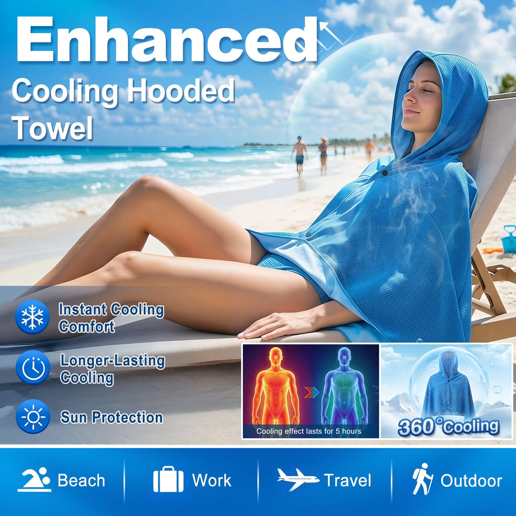 Upgrade Large Hoodie Cooling Towels - Double Layer Ice Beach Towel Wearable Shawl, Sun Proection Long-Lasting Heat Relief Cool for Yoga,Yard work Camping Beach & Summer Activities (Blue, 55*25inch)