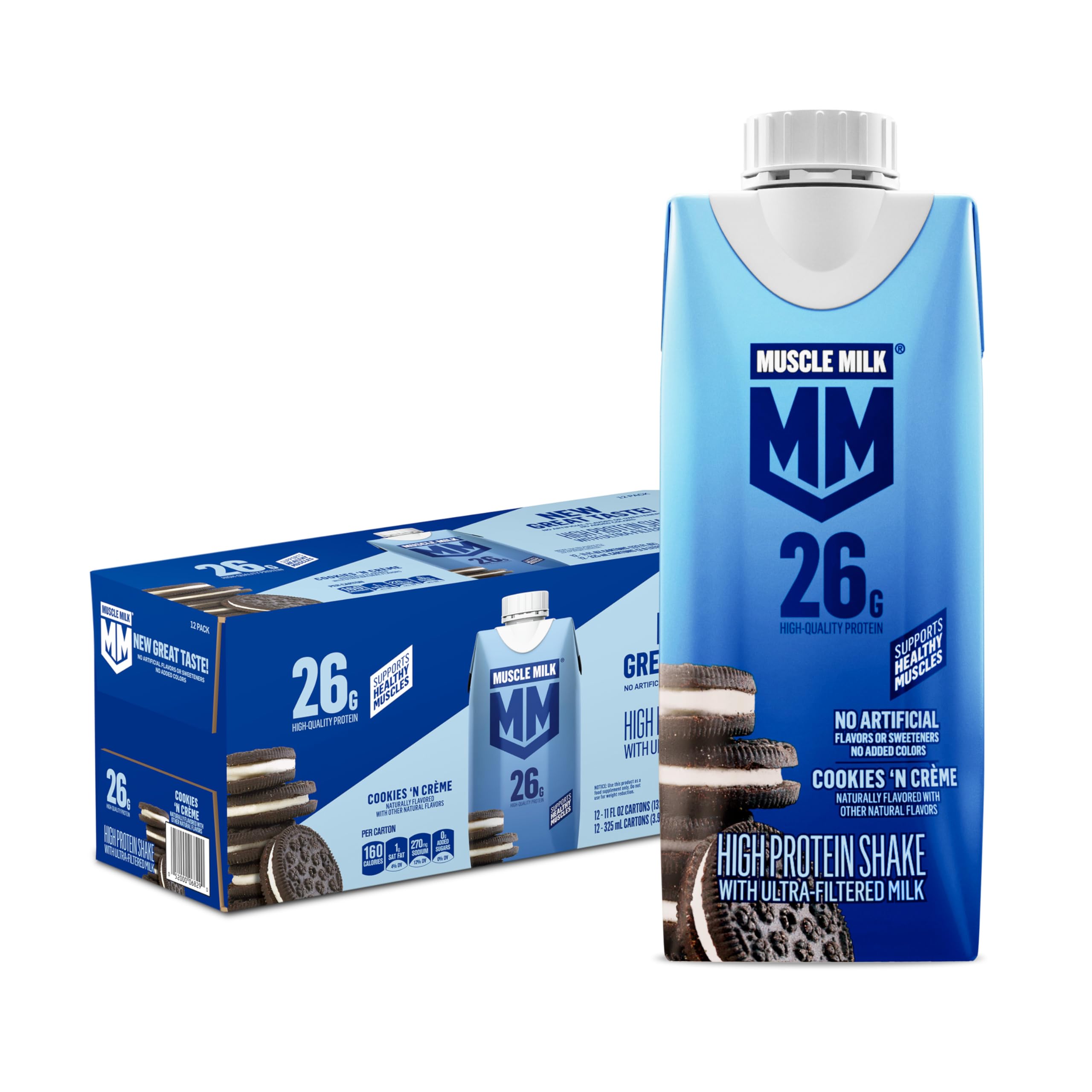 Muscle Milk High Protein Shake, Vanilla Creme, 11 fl oz Cartons (12 Pack) Ultra Filtered Milk, 26g High Quality Protein Shake, 3g Sugar, 160 Calories, No Artificial Flavors, No Artificial Sweeteners, No Added Colors