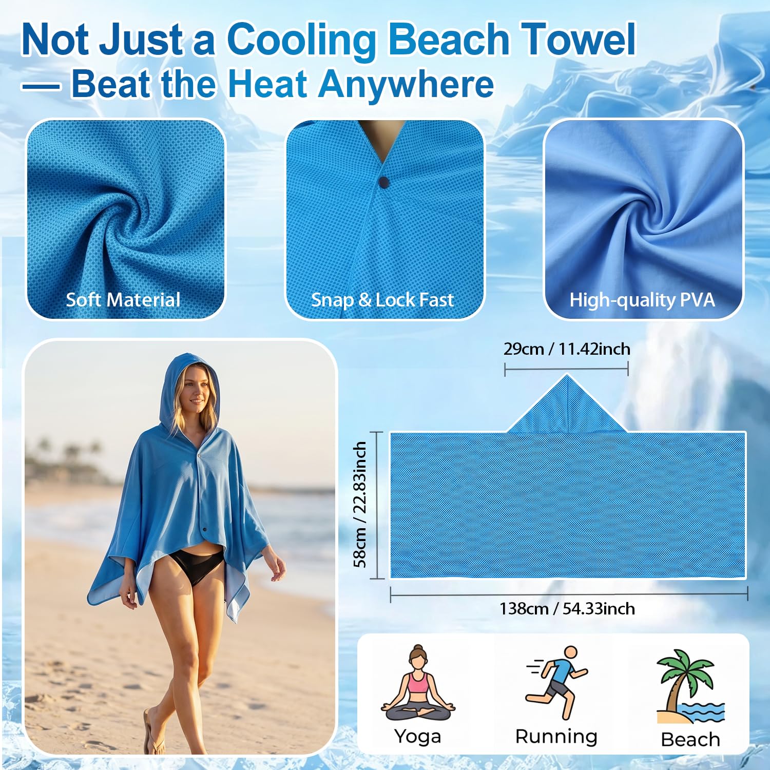 Cooling Hooded Beach Towel Cloak for Men Women -UPF 50+ Sun Proteciton Double Layer PVA Fabric Sweat-Absorbent Cool Towel Cape, Instant Cooling Soft Ice Towelfor Beach Yoga Camping (Blue)