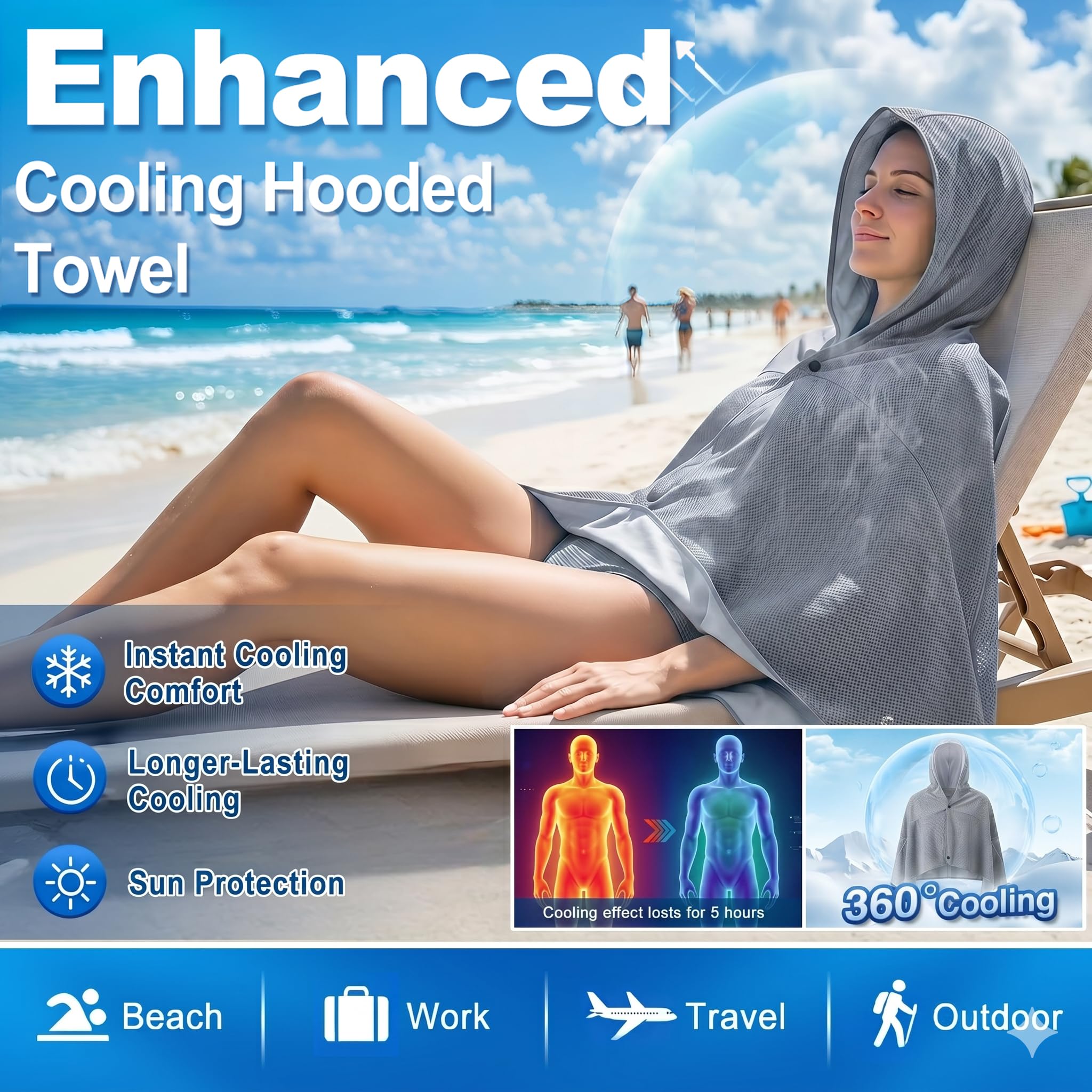 Upgrade Large Hoodie Cooling Towels - Double Layer Ice Beach Towel Wearable Shawl, Sun Proection Long-Lasting Heat Relief Cool for Yoga,Yard work Camping Beach & Summer Activities (Blue, 55*25inch)
