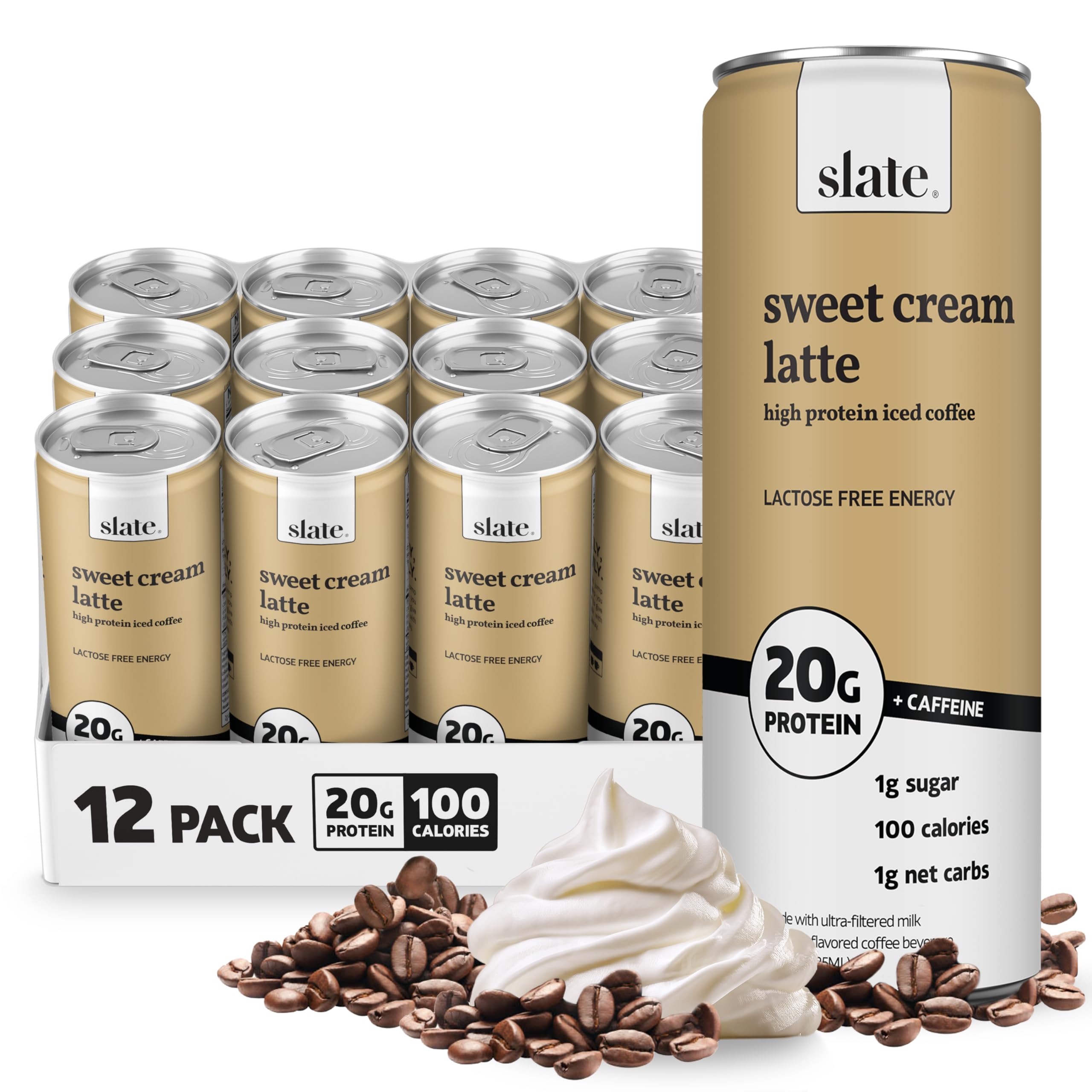 Slate Milk High Protein Milk Shake (Classic Chocolate) 12 Cans, 11 fl oz | Lactose Free - 20g Protein - 1g Sugar - 100 Calories - 2g Net Carbs - No Added Sugar - Natural, Breakfast Boost, Post Workout