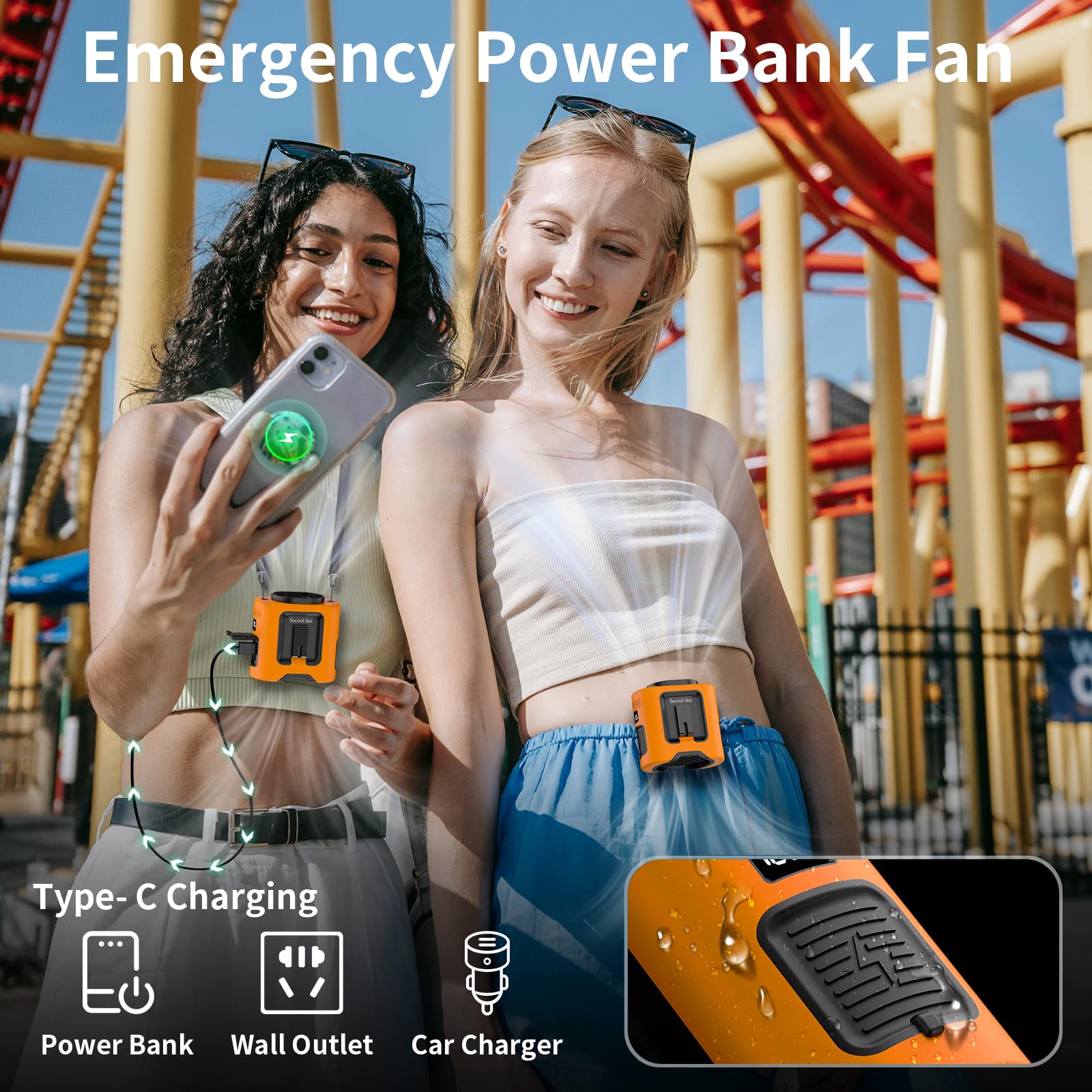 Socool 10000mAh Portable Waist Fan Clip on Wearable Belt Personal Fan Rechargeable Battery operated With 5 Speeds & Flashlight Neck Hands-Free 40H Cooling For Outdoor Camping Travel (Black)