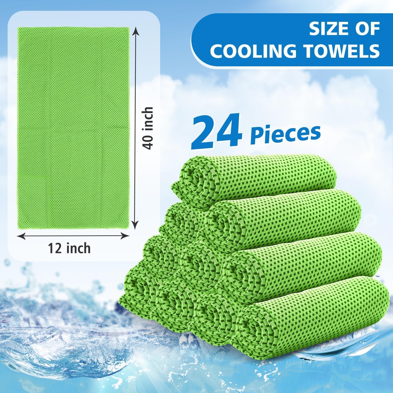 24 Pack Cooling Towels Bulk for Neck and Face 40"x12" Ice Cooling Sweat Rags Microfiber Soft Breathable Soft Chilly Towel for Yoga Golf Sport Running