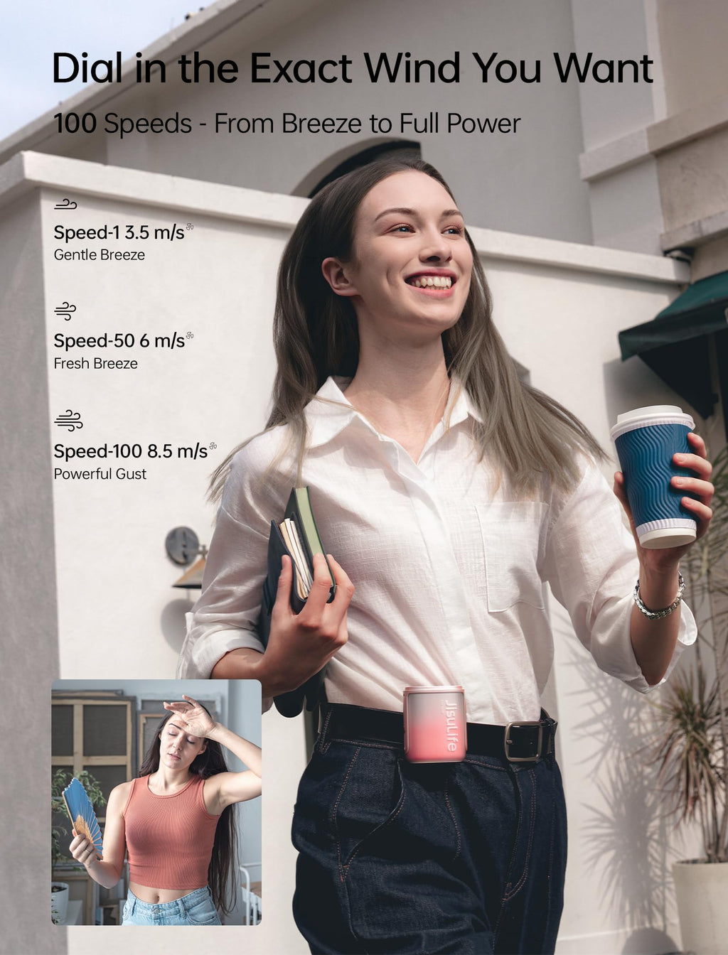 JISULIFE Portable Neck Fan, 100 Speed 40000RPM Cooling, Mini Personal Handheld Wearable Waist Fan, 16H 4500mAh Battery with LED Display, Lightweight in Outdoor, Travel, Jobsite Gifts (Pink)