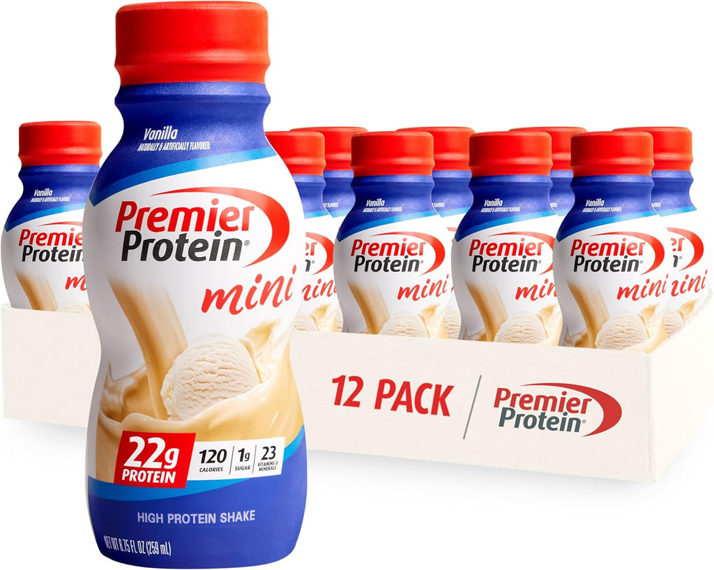 Premier Protein Shake MINIs, Vanilla, 22g Protein, 120 Calories, 1g Sugar, 8.75fl oz, Pack of 12 & Premier Liquid Protein Shake, Caramel, 30g Protein, 1g Sugar, 24 Vitamins & Minerals