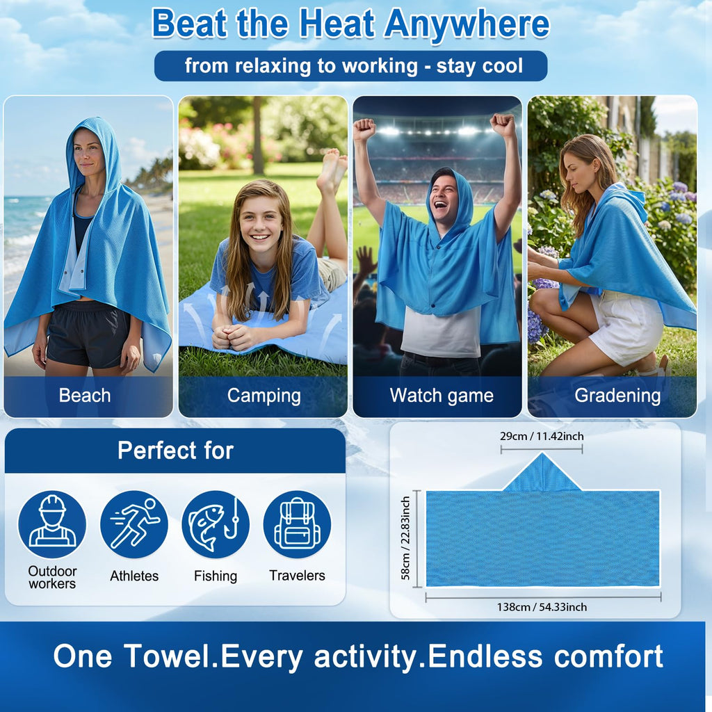 Upgrade Large Hoodie Cooling Towels - Double Layer Ice Beach Towel Wearable Shawl, Sun Proection Long-Lasting Heat Relief Cool for Yoga,Yard work Camping Beach & Summer Activities (Blue, 55*25inch)