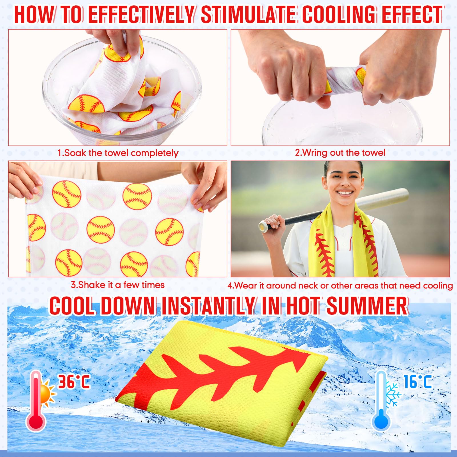 Mindsoft 12 Set Softball Cooling Towels for Sports Team Gifts with Carrying Pouch 30 x 9 Inch Softball Towels Bulk Microfiber Ice Cooling Rags for Birthday Party Favors Swag Bag Stuffers