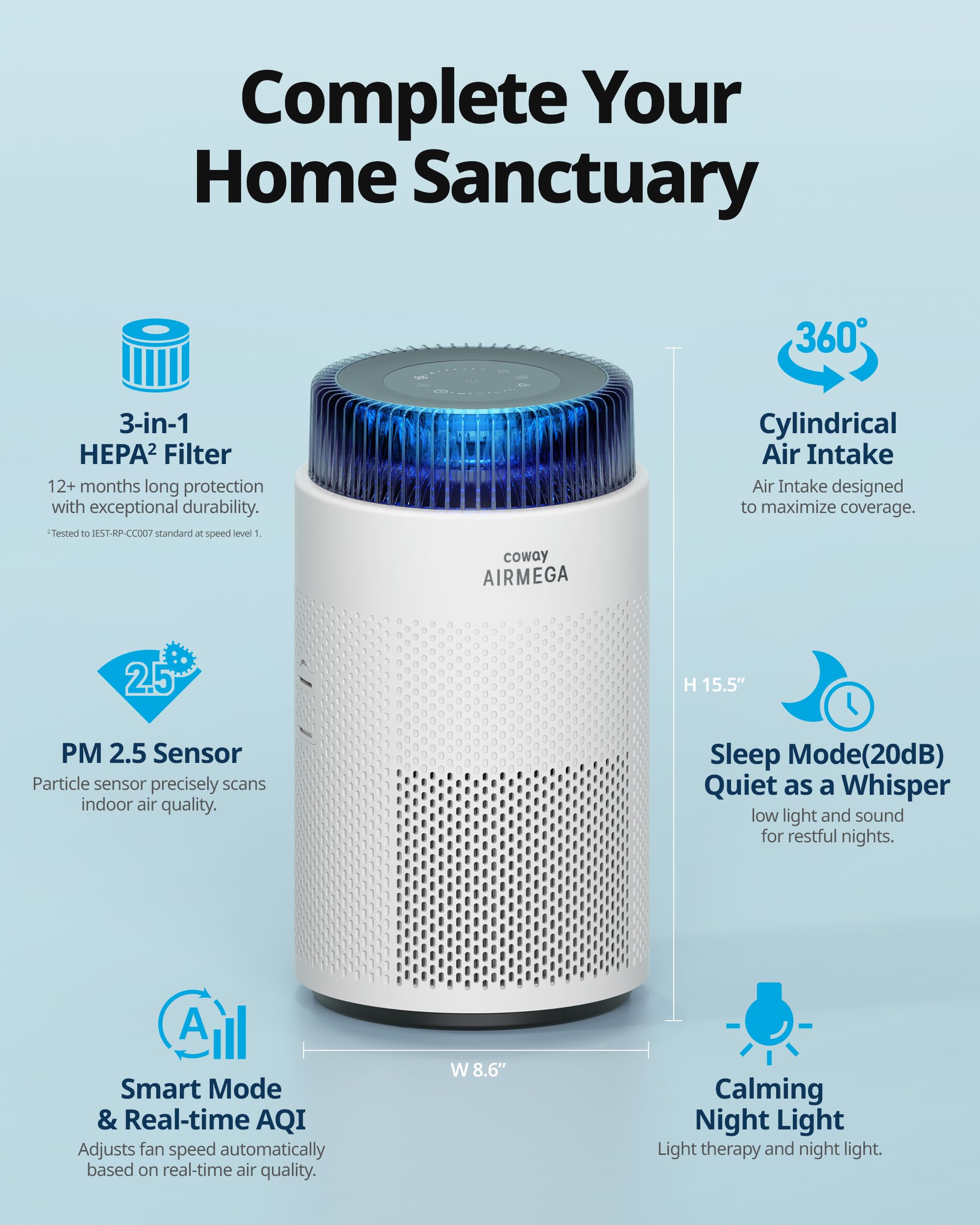 COWAY Air Purifiers for Home up to 810 ft², HEPA and Carbon Filter for Smoke, Allergies, Pet Dander, Odor, AQI Monitor, Auto Mode, Timer, Filter Indicator, Night Light, 2yr Warranty, Airmega 100 White