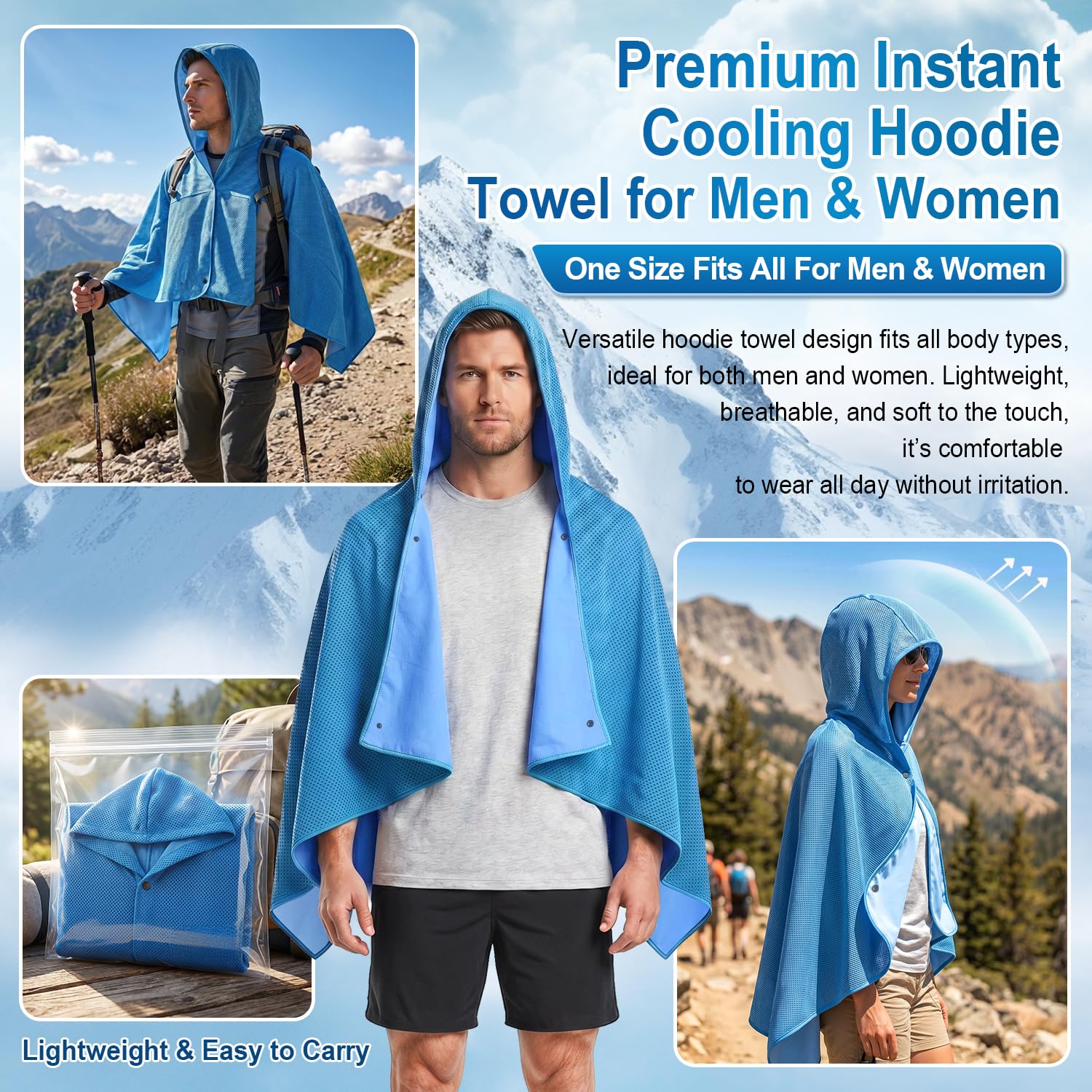 Cooling Hooded Beach Towel Cloak for Men Women -UPF 50+ Sun Proteciton Double Layer PVA Fabric Sweat-Absorbent Cool Towel Cape, Instant Cooling Soft Ice Towelfor Beach Yoga Camping (Blue)