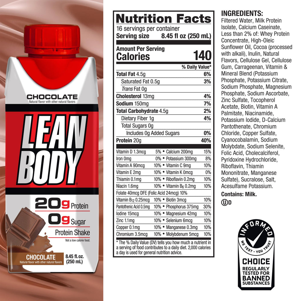 Labrada Lean Body Ready-to-Drink Chocolate Protein Shake, 40g Protein, Whey Blend, 0 Sugar, Gluten Free, 22 Vitamins & Minerals, LABRADA, 17 Fl Oz (Pack of 12)