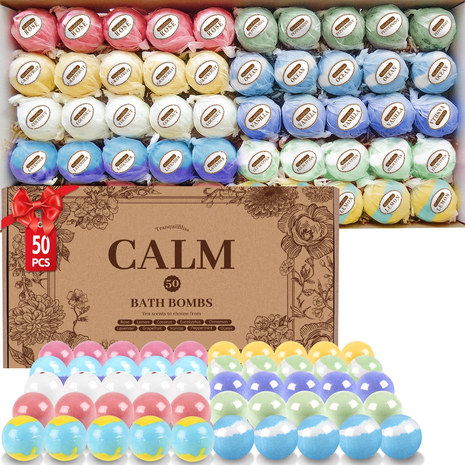 TranquilBliss Bath Bombs Set 50 PCS with 10 Rich Scents, Bath Bombs for Women, Natural Bubble Bombs with Shea Butter & Safe Oil, Ideal for Mother's Day, Valentine's Day, Christmas, Birthday Present